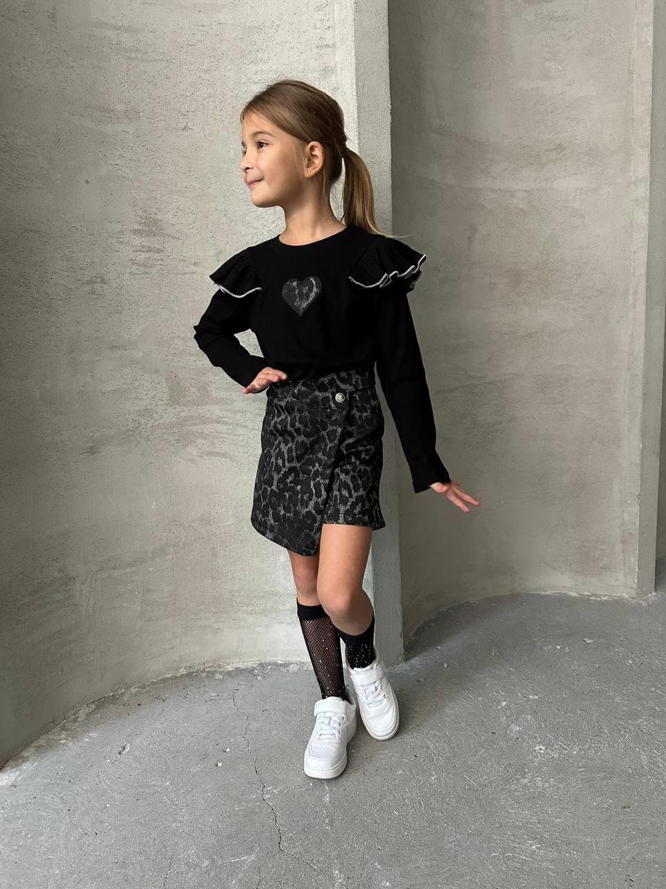 9290 Kids Siyah Leopar Şort Etek Takım 3-4/9-10 Yaş