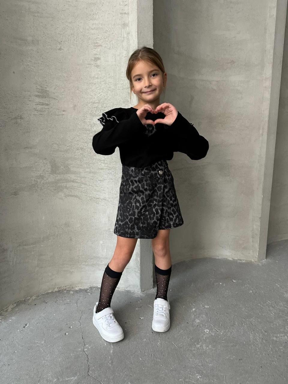 9290 Kids Siyah Leopar Şort Etek Takım 3-4/9-10 Yaş