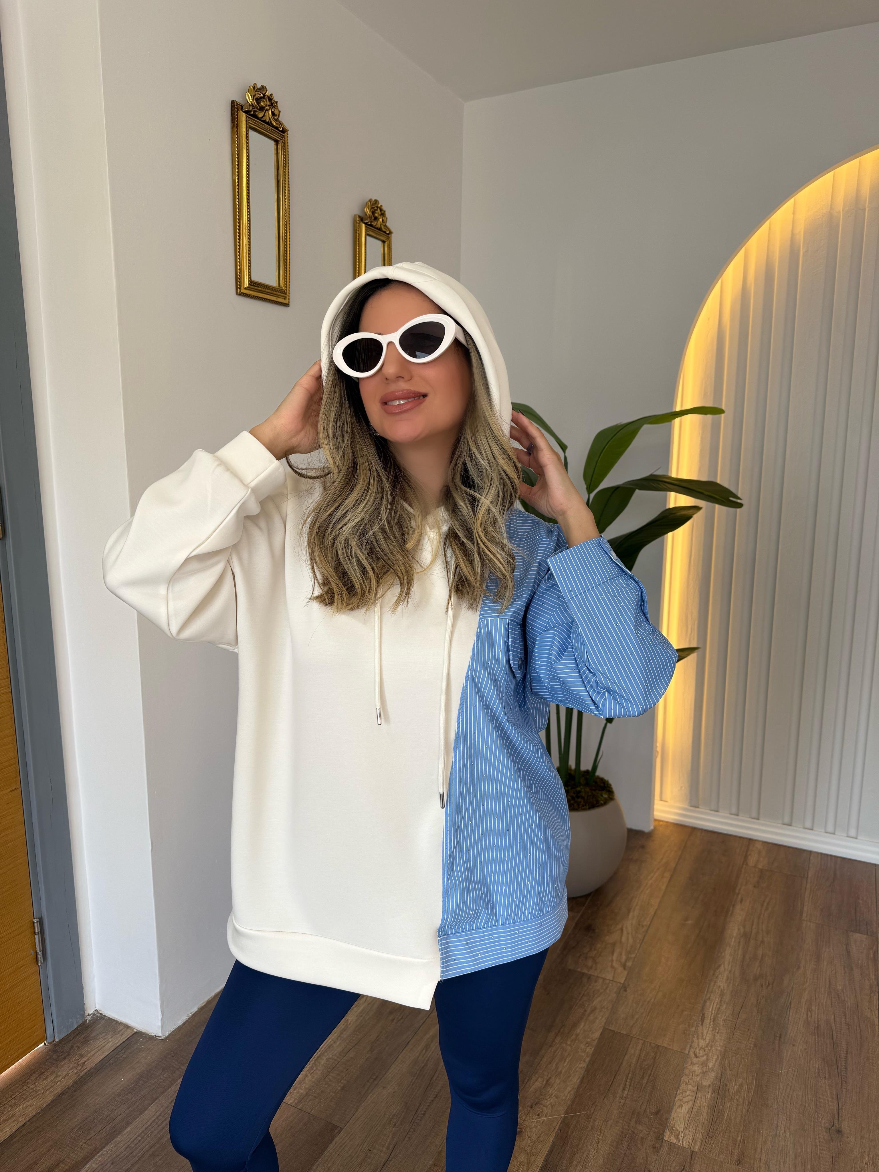 9300 Çizgili Poplin Garnili Sweatshirt