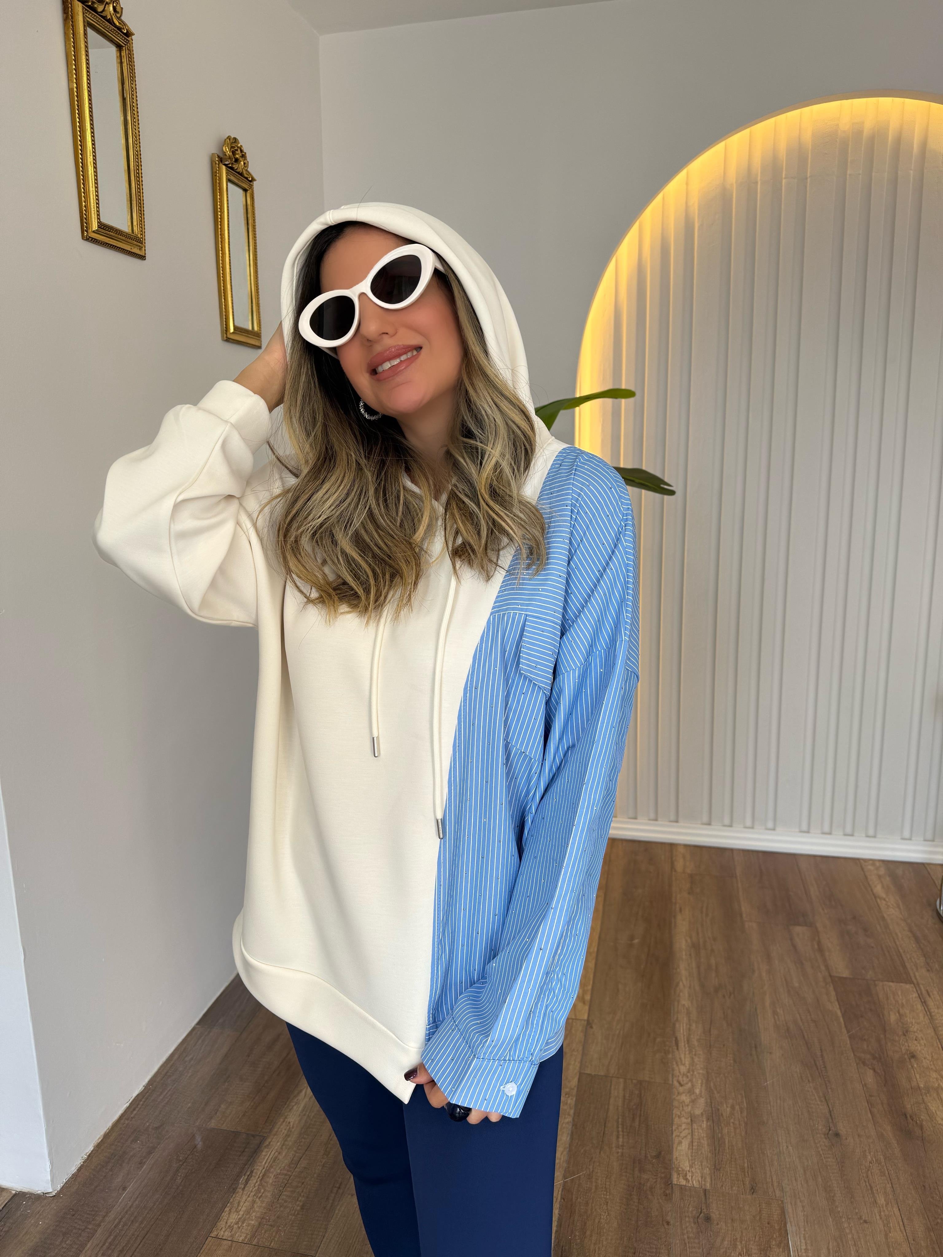 9300 Çizgili Poplin Garnili Sweatshirt