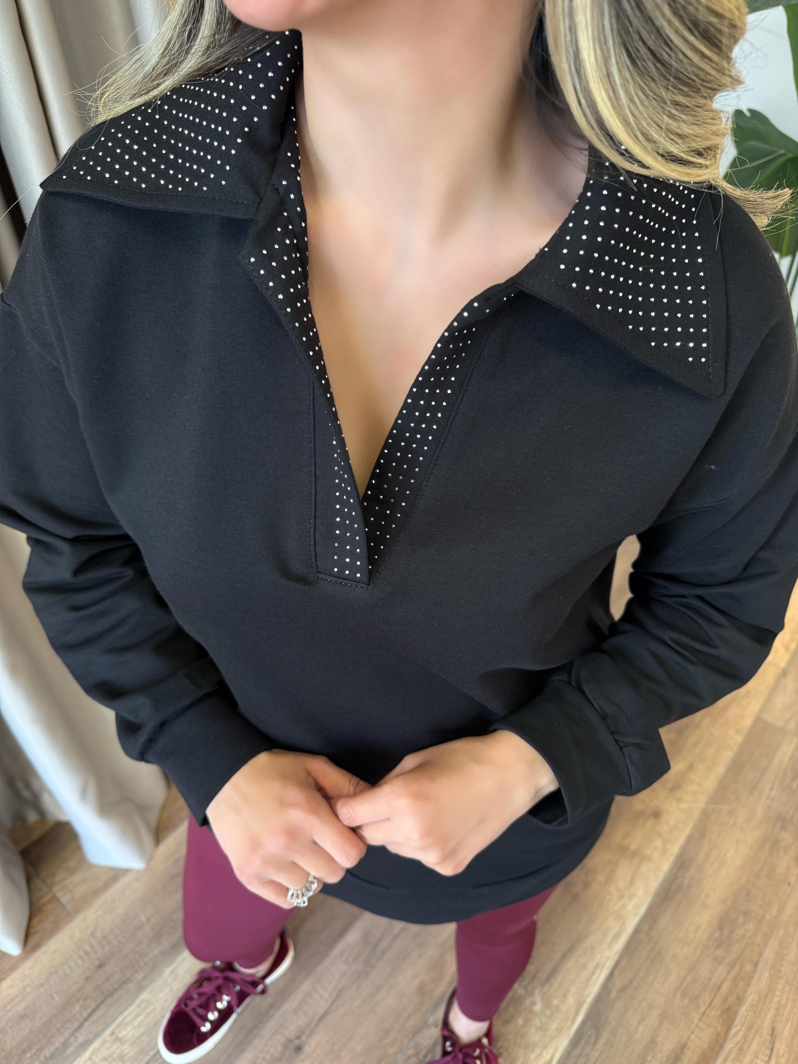 9342 Polo Yaka Taşlı Sweatshirt