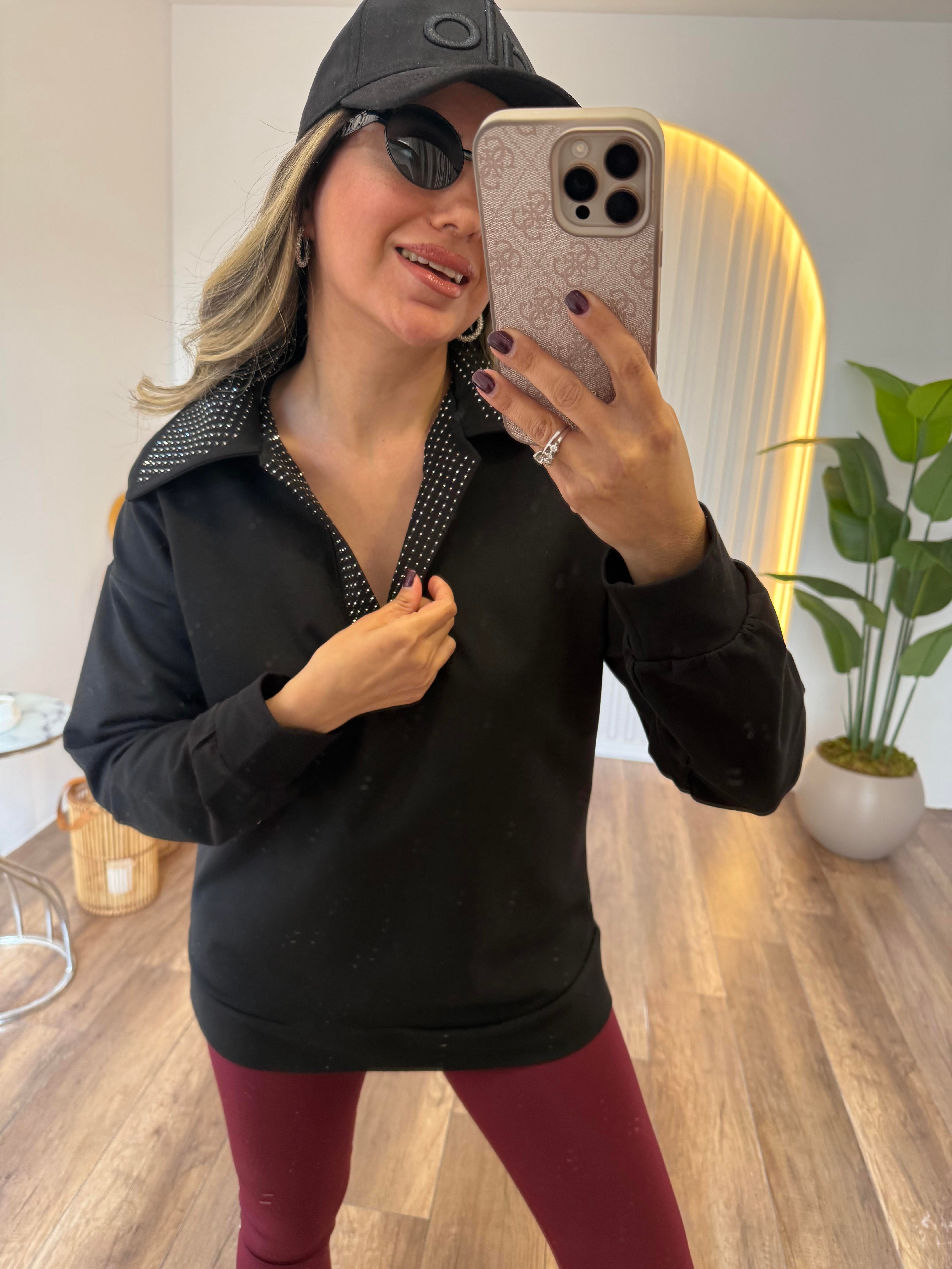 9342 Polo Yaka Taşlı Sweatshirt
