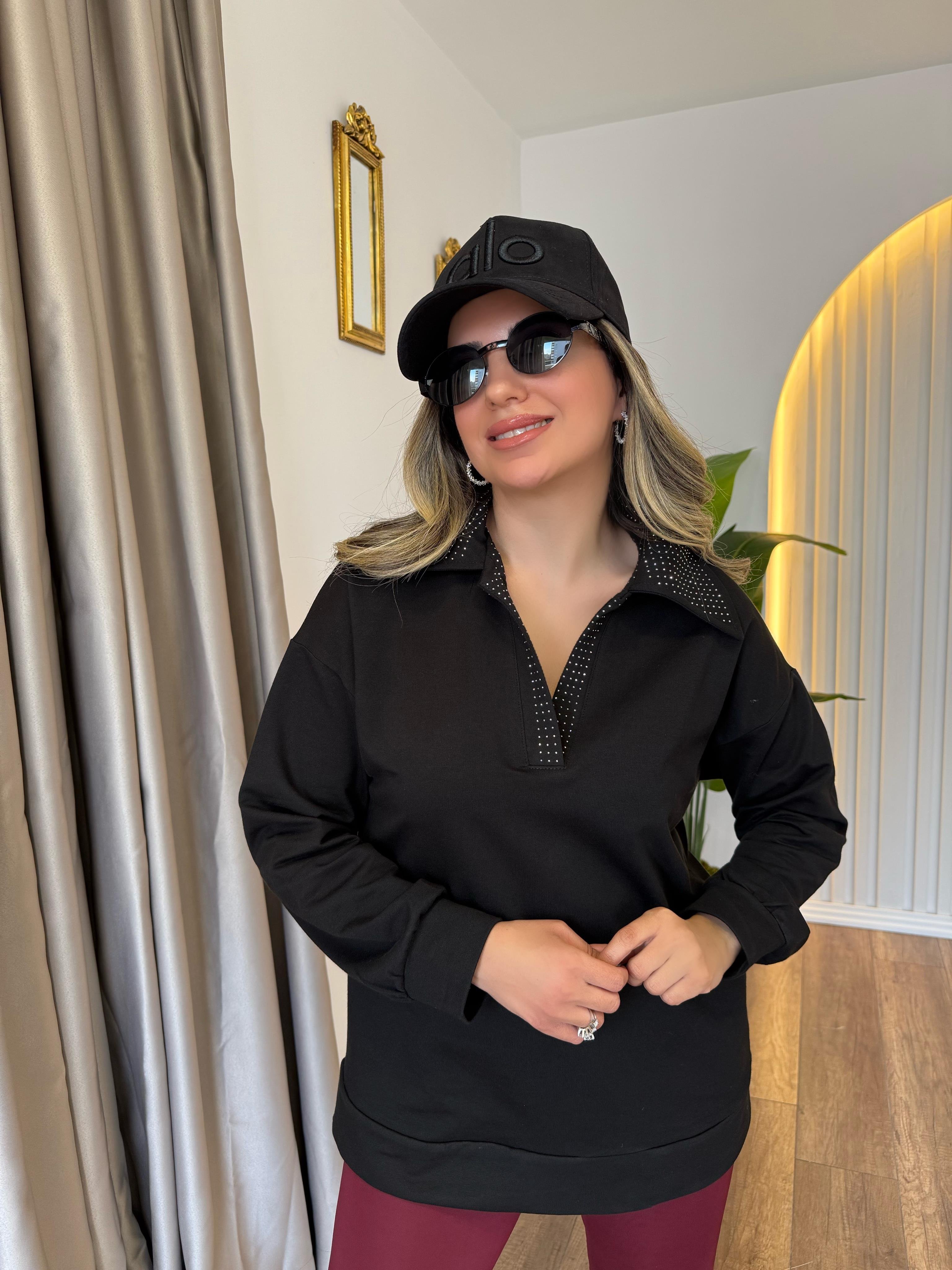 9342 Polo Yaka Taşlı Sweatshirt