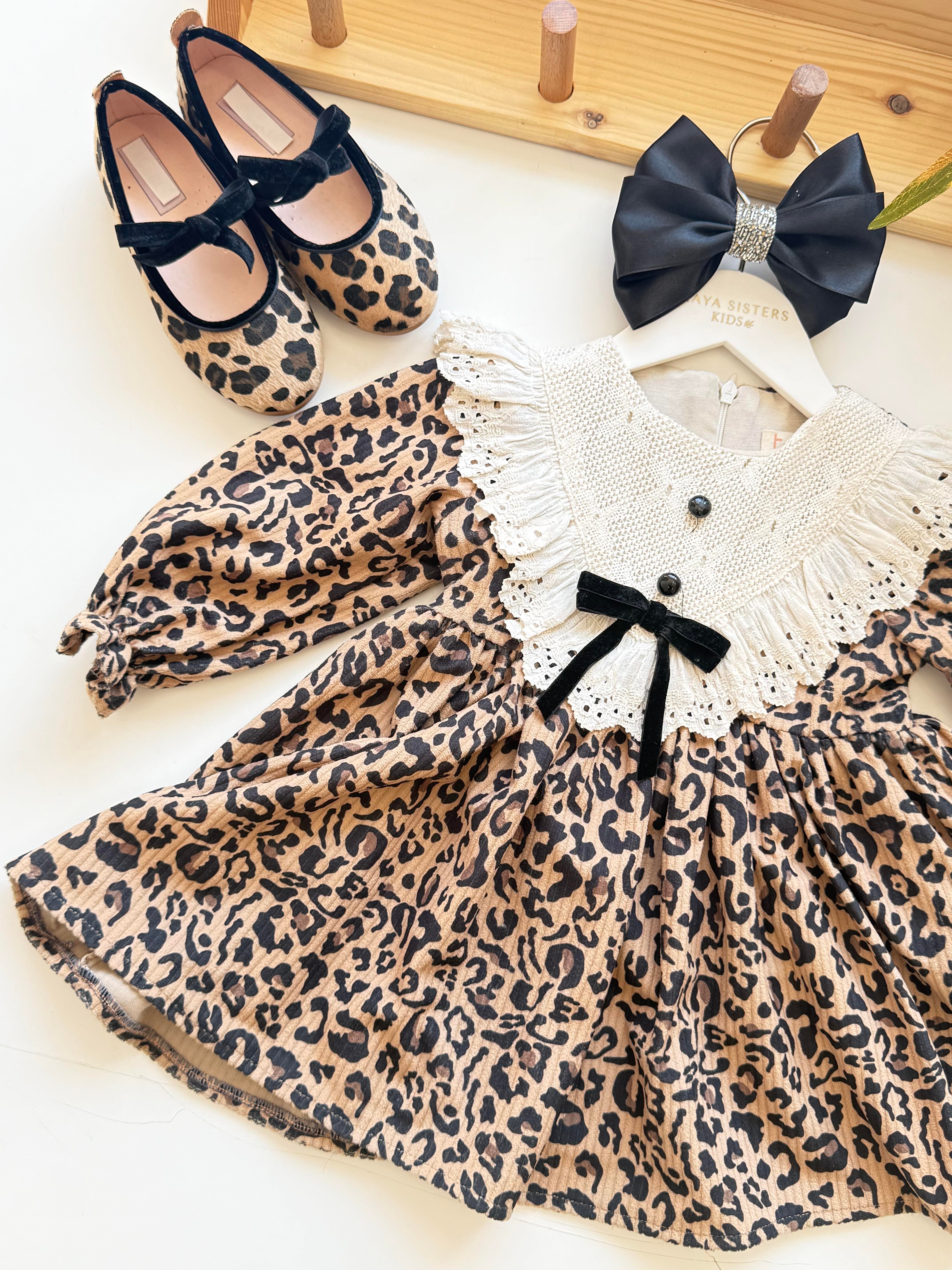 9362 Kids Leopar Desenli Kurdeleli Elbise 2-5 Yaş