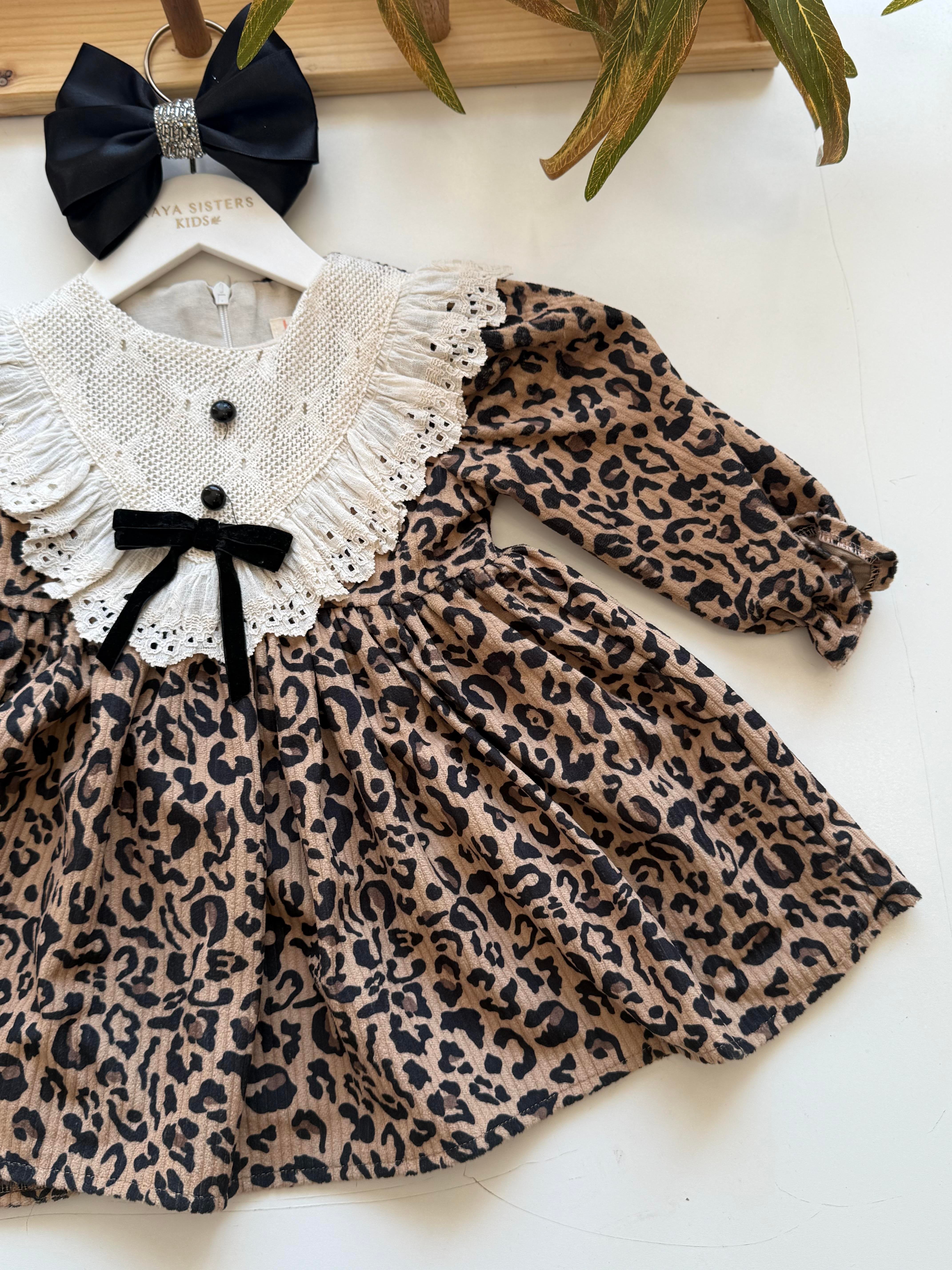 9362 Kids Leopar Desenli Kurdeleli Elbise 2-5 Yaş