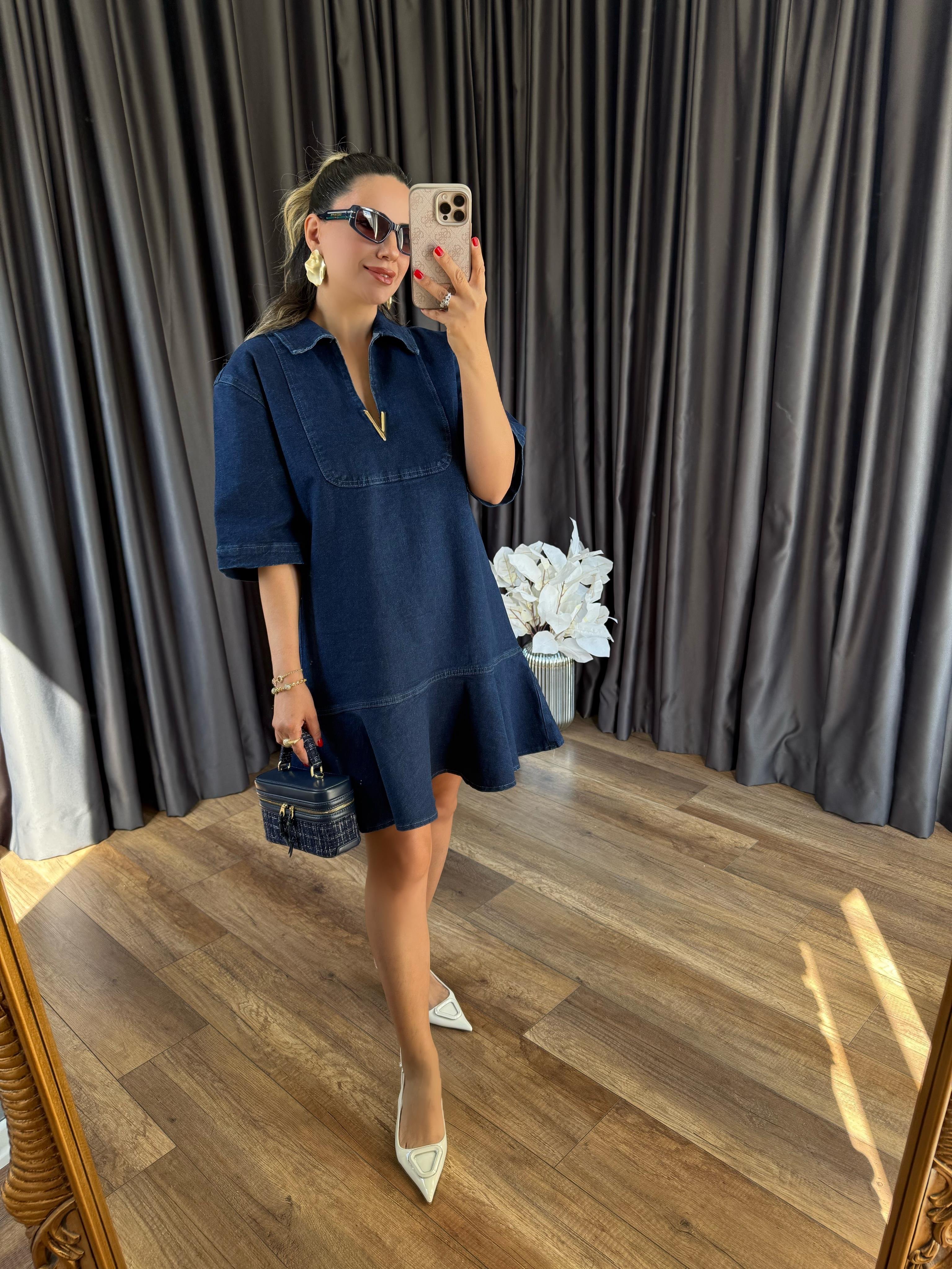 9392 V Gold Tokalı Kot Elbise
