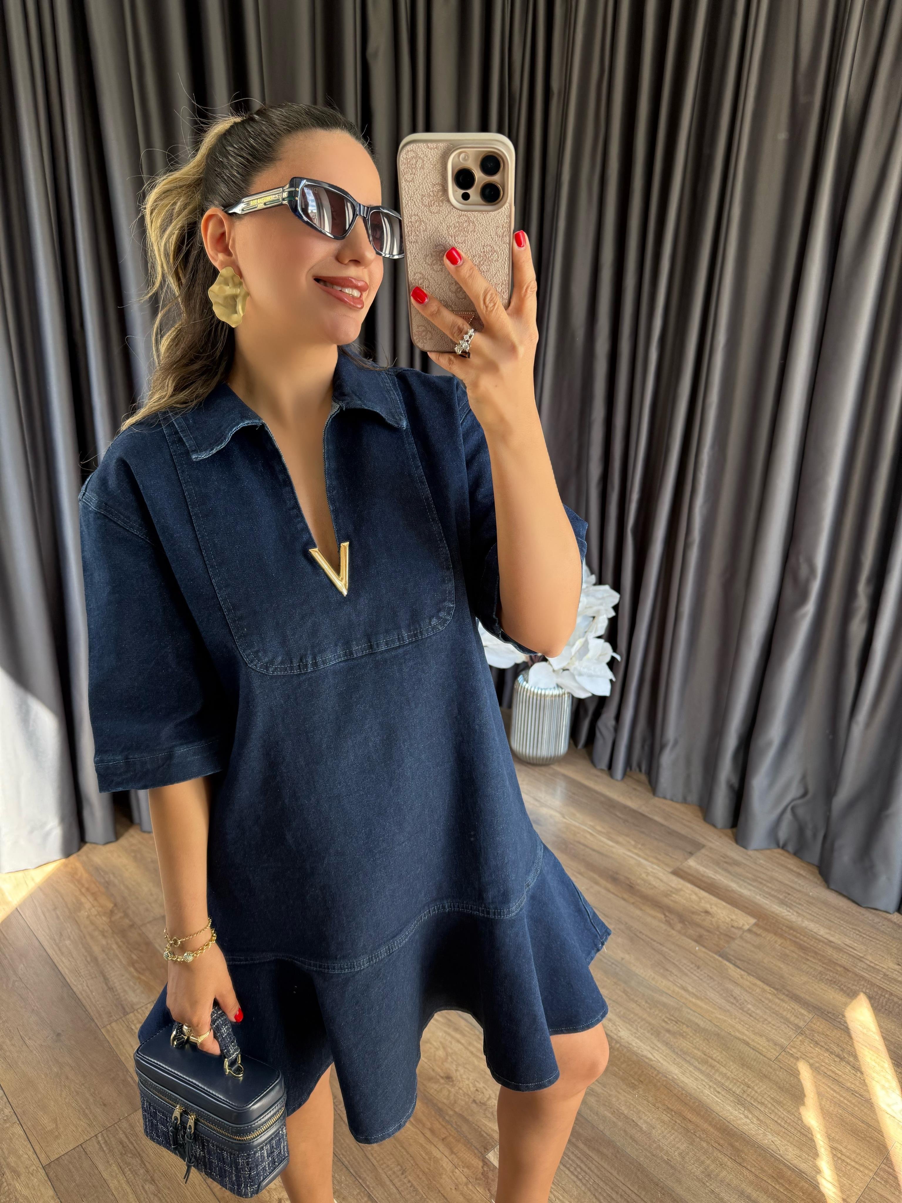 9392 V Gold Tokalı Kot Elbise