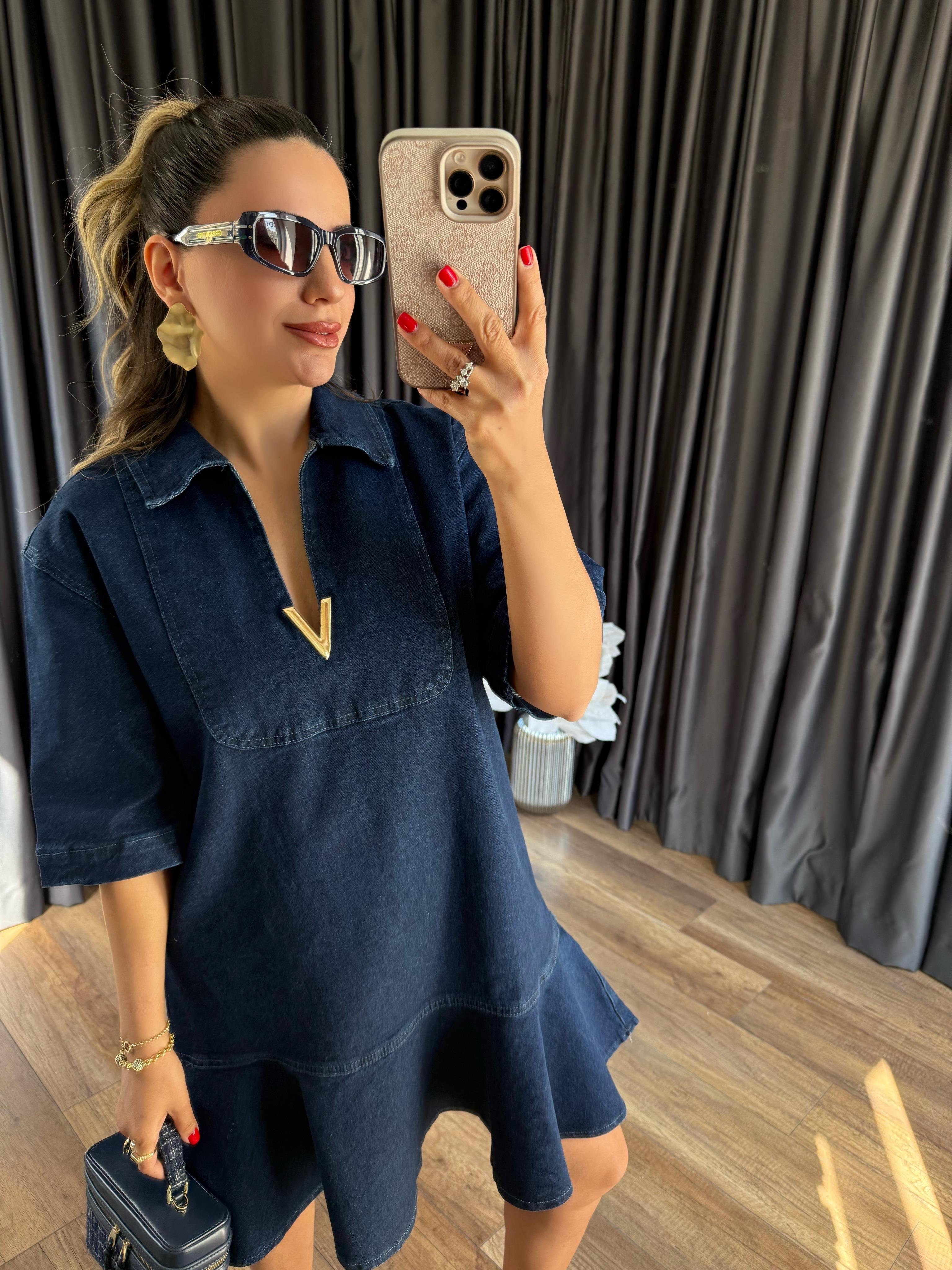 9392 V Gold Tokalı Kot Elbise