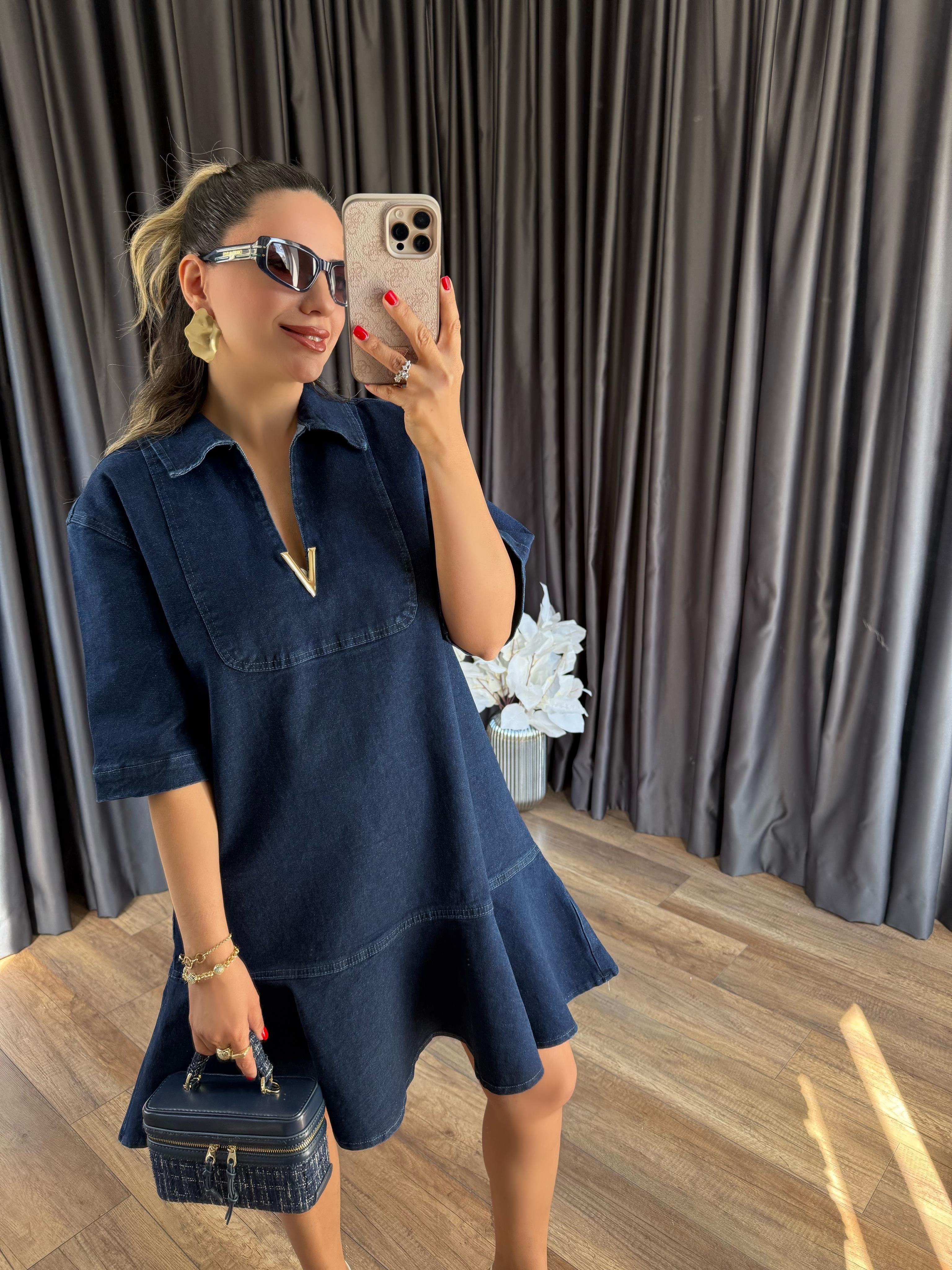 9392 V Gold Tokalı Kot Elbise