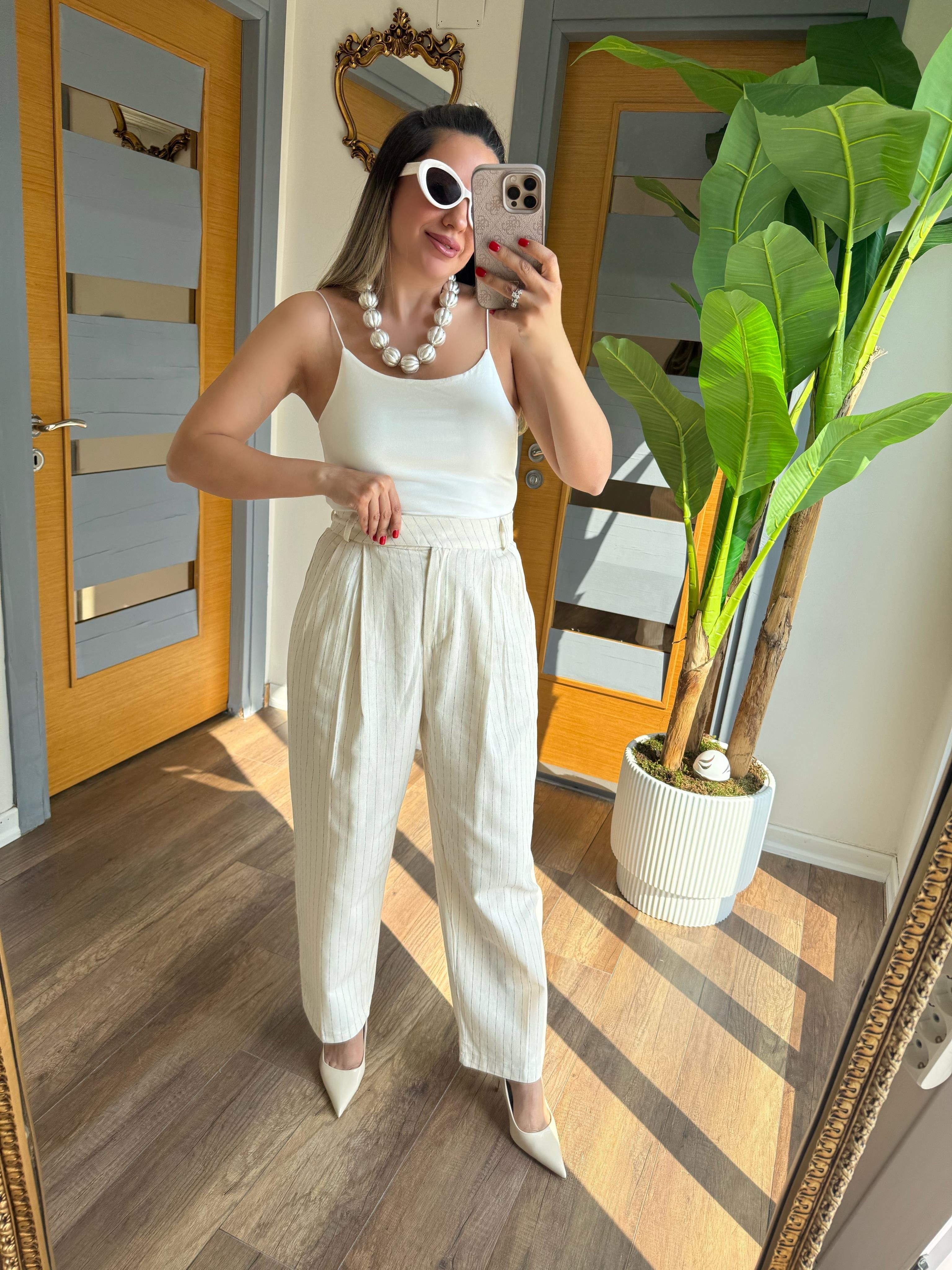 9417 Çizgili Keten Havuç Pantolon