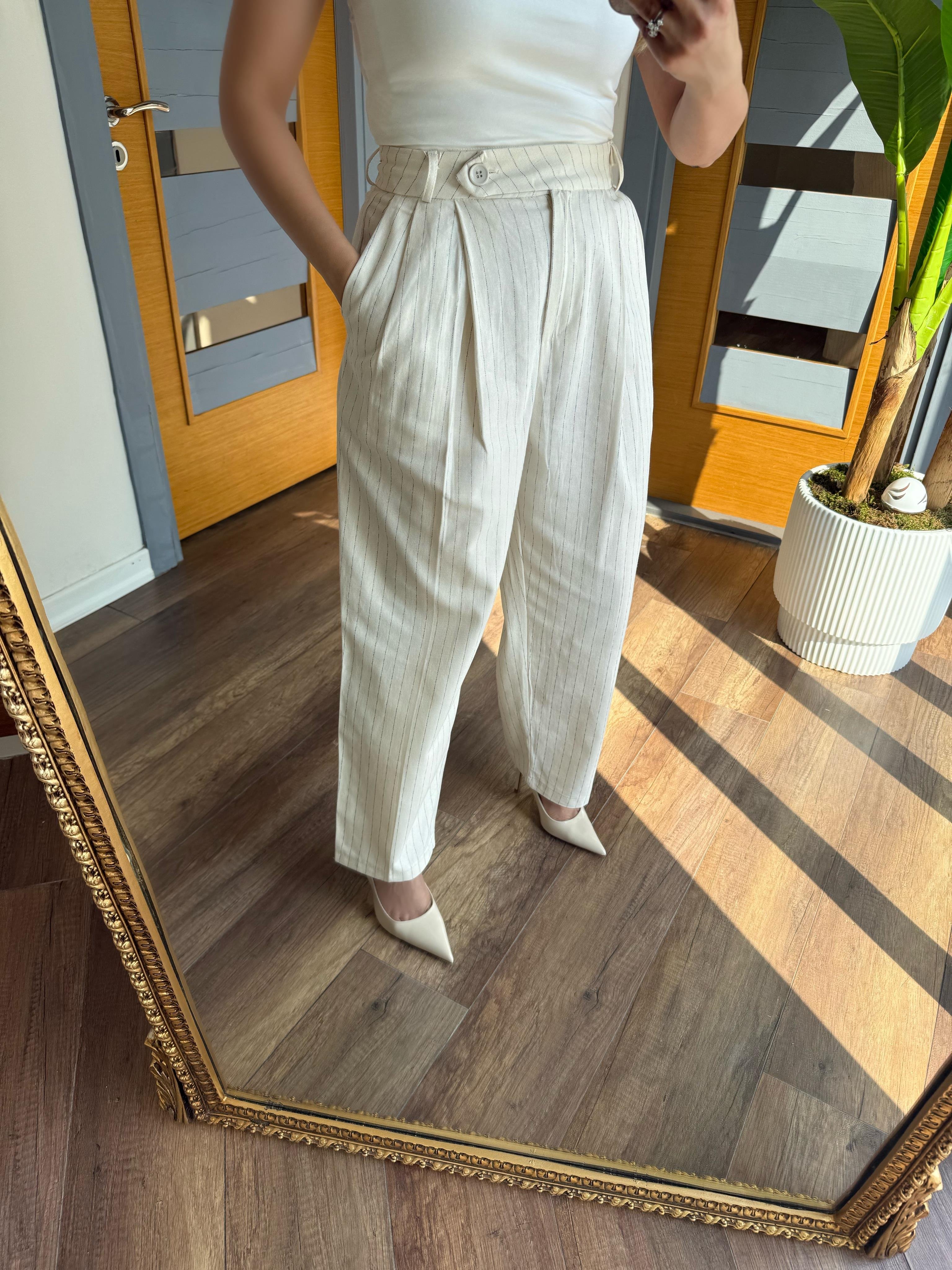 9417 Çizgili Keten Havuç Pantolon