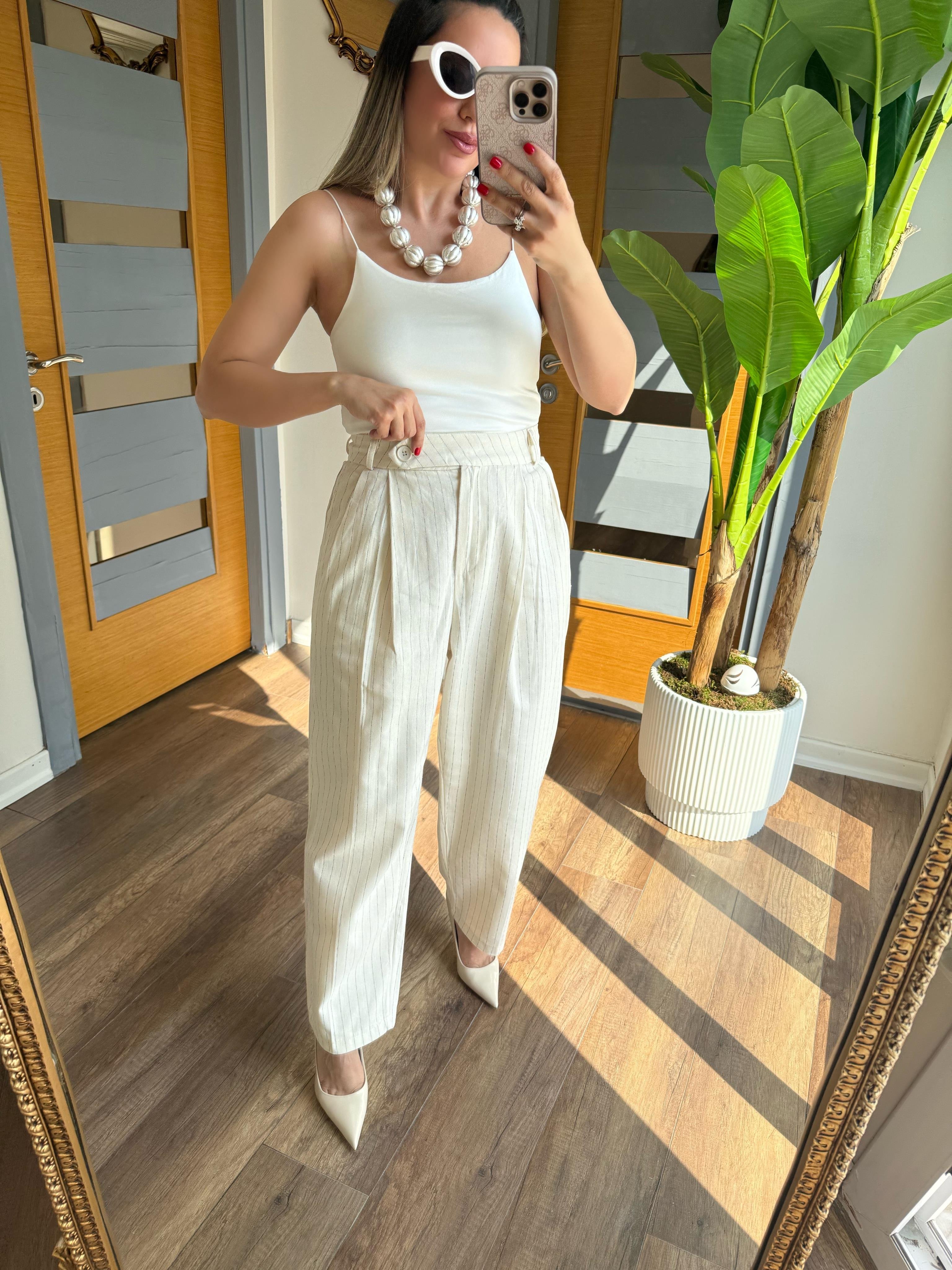 9417 Çizgili Keten Havuç Pantolon