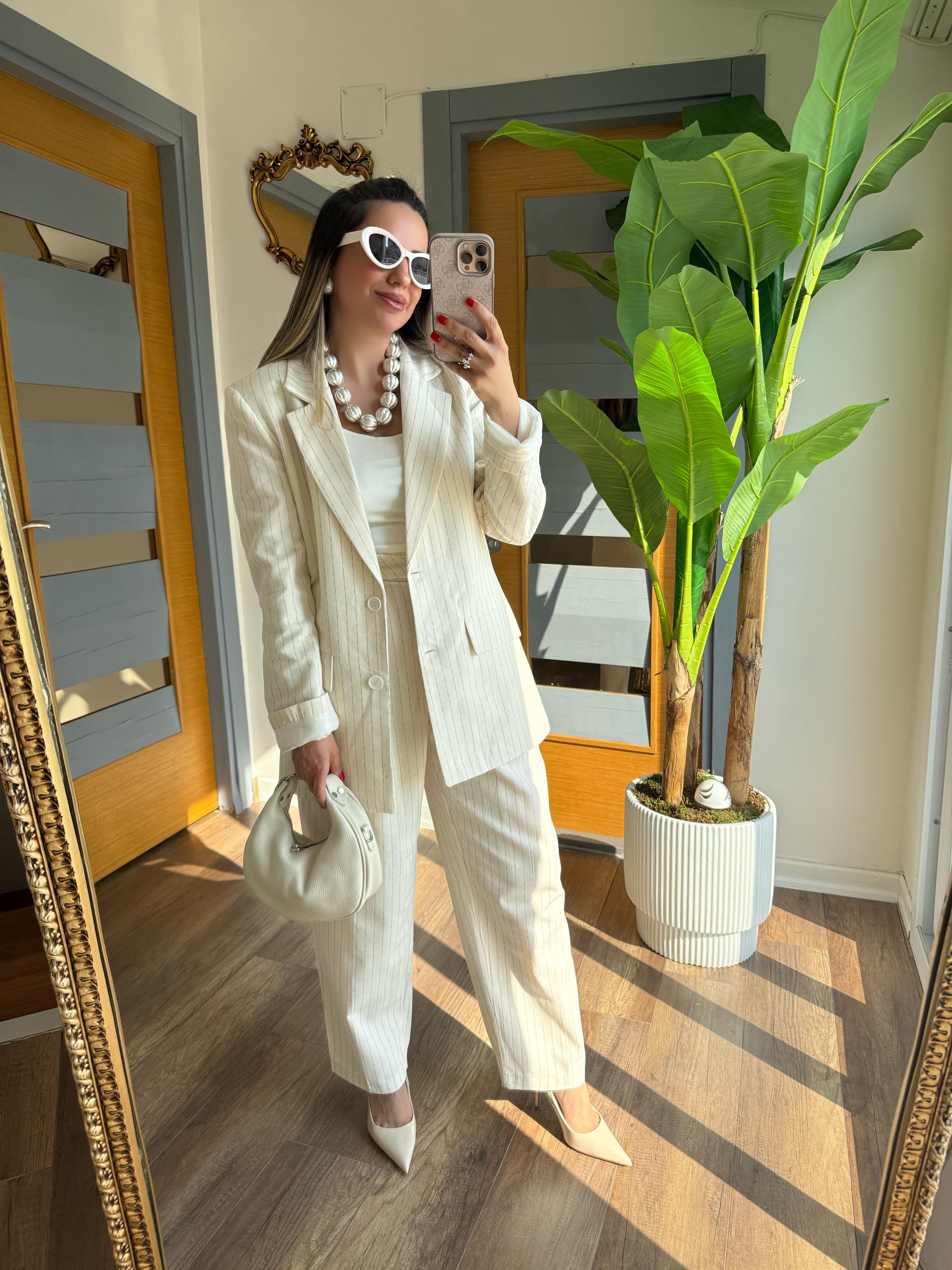 9420 Çizgili Keten Blazer Ceket