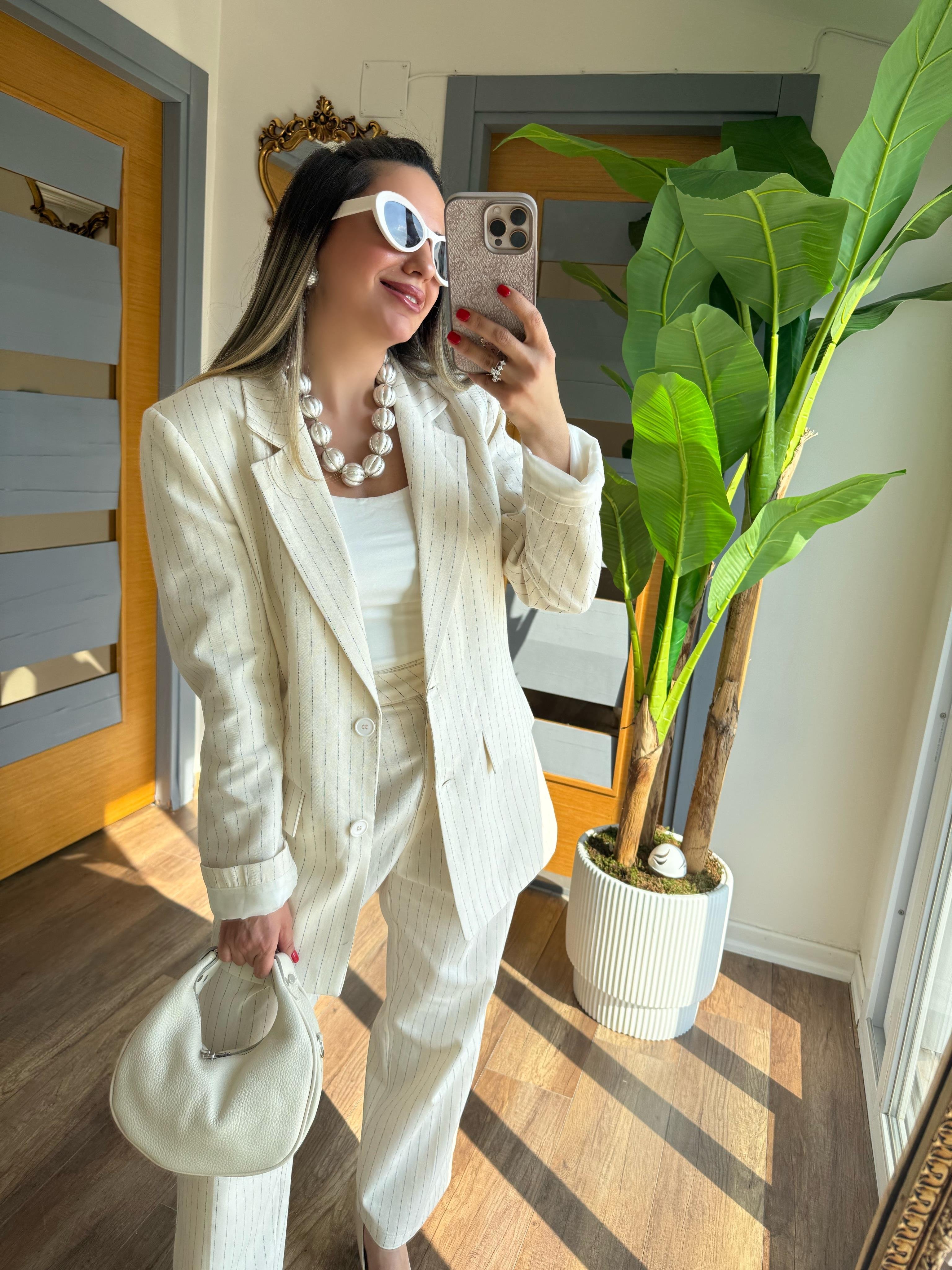 9420 Çizgili Keten Blazer Ceket