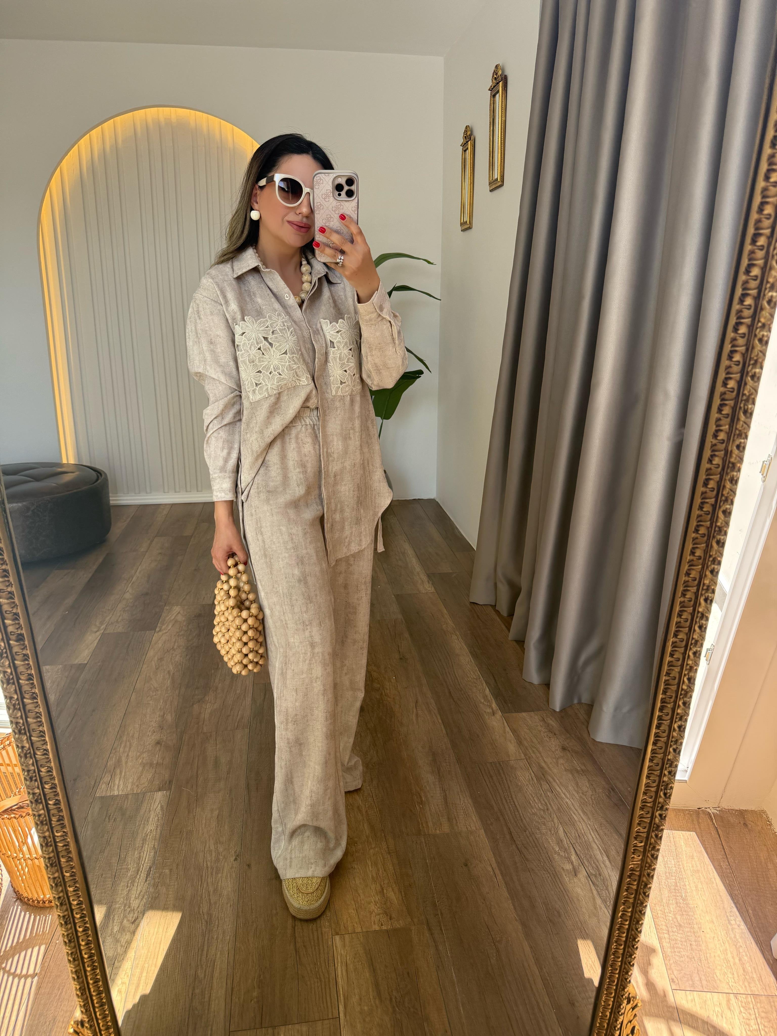 9423 Nakış İşlemeli Pantolon Gömlek Takım