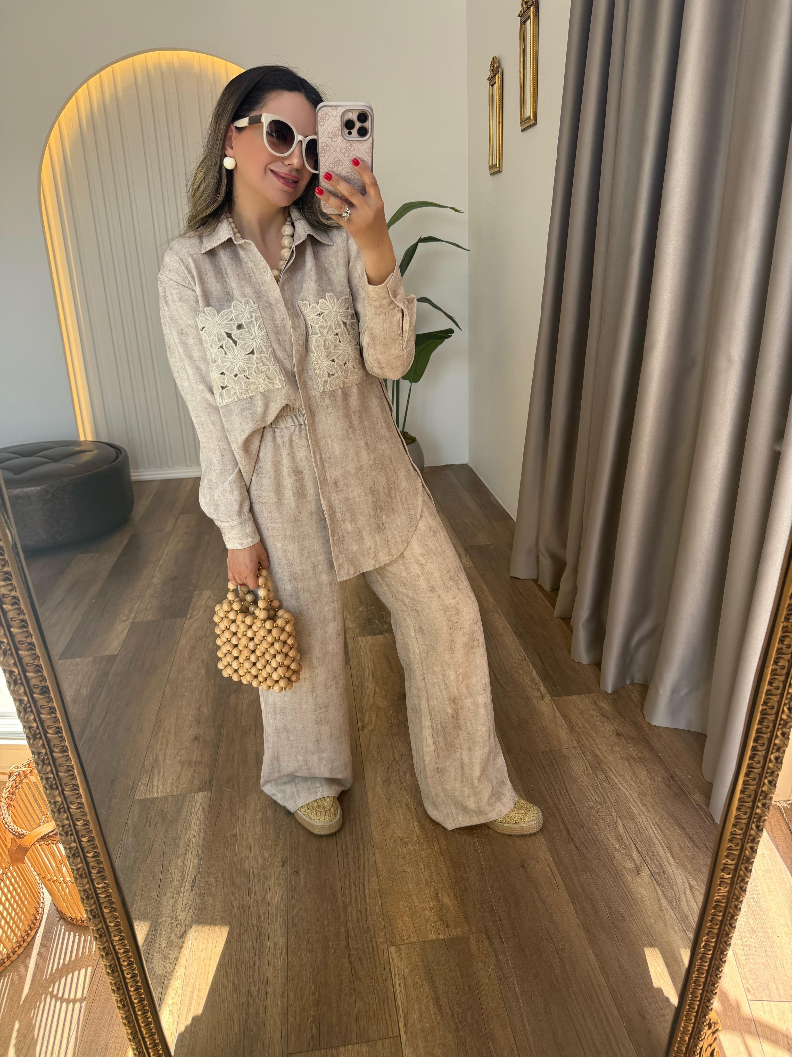 9423 Nakış İşlemeli Pantolon Gömlek Takım