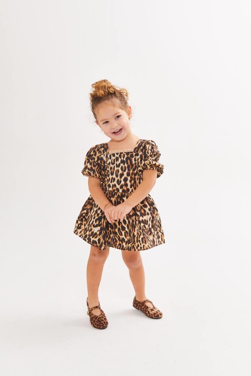9466 Kids Balon Kol Leopar Elbise 2-3/7-8 Yaş