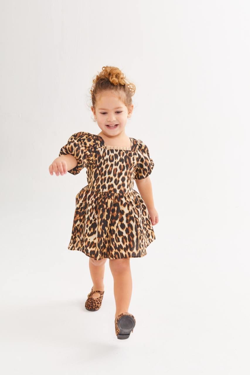 9466 Kids Balon Kol Leopar Elbise 2-3/7-8 Yaş