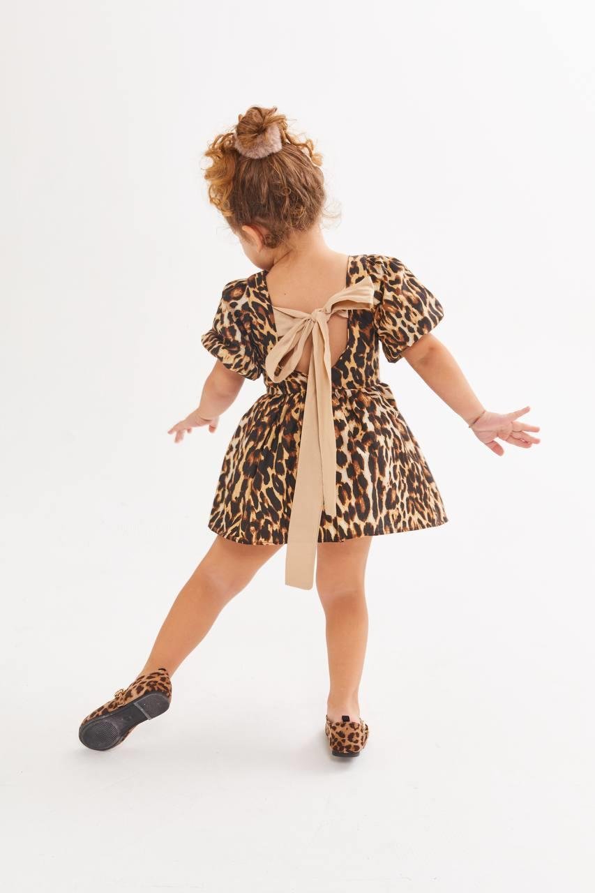9466 Kids Balon Kol Leopar Elbise 2-3/7-8 Yaş