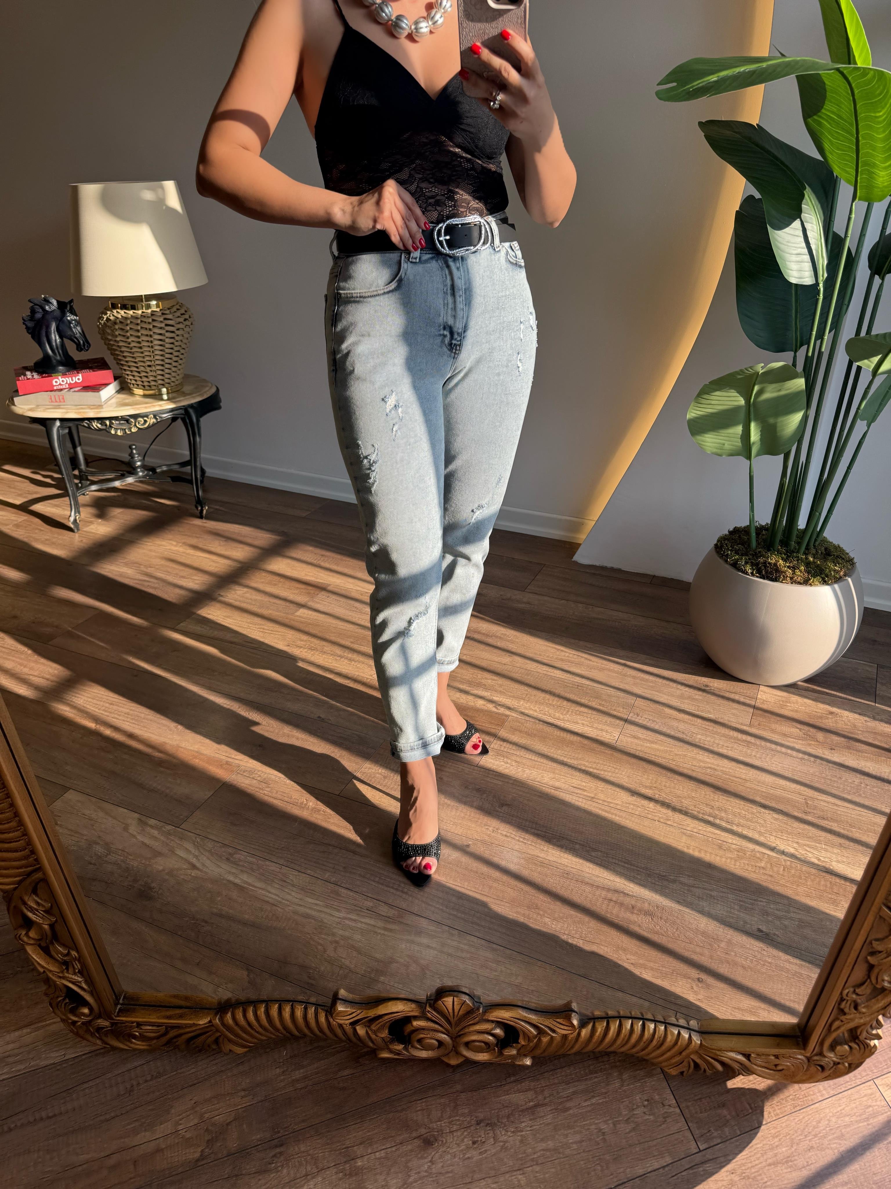 9533 Lazer Detaylı Yüksek Bel Comfort Jean