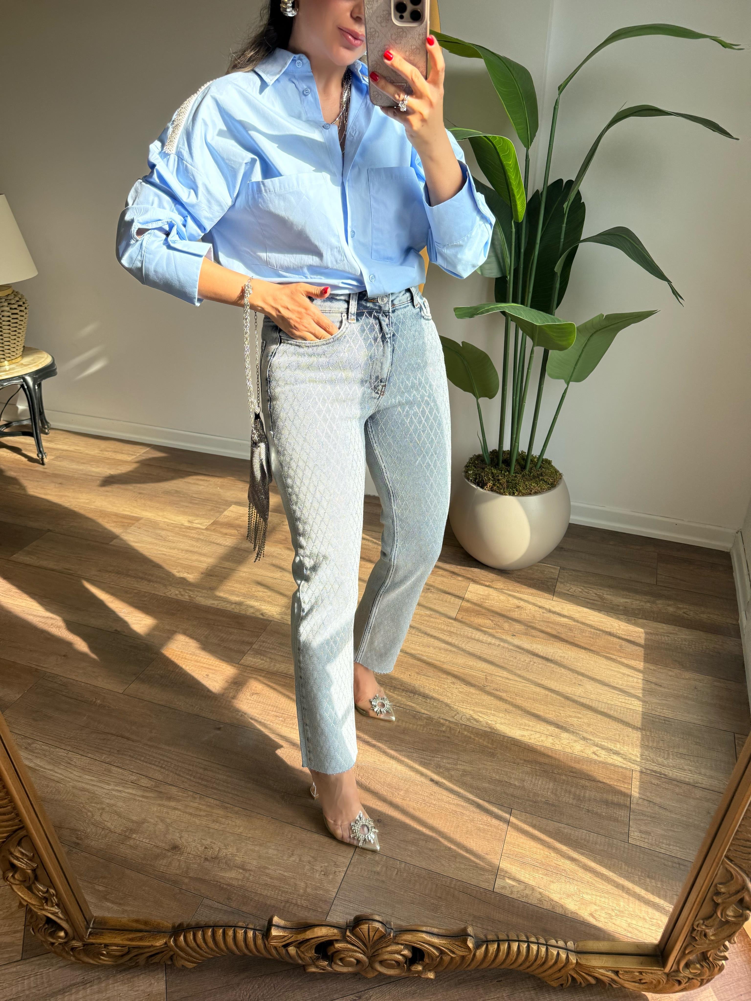 9581 Çapraz Taş Detaylı Jean