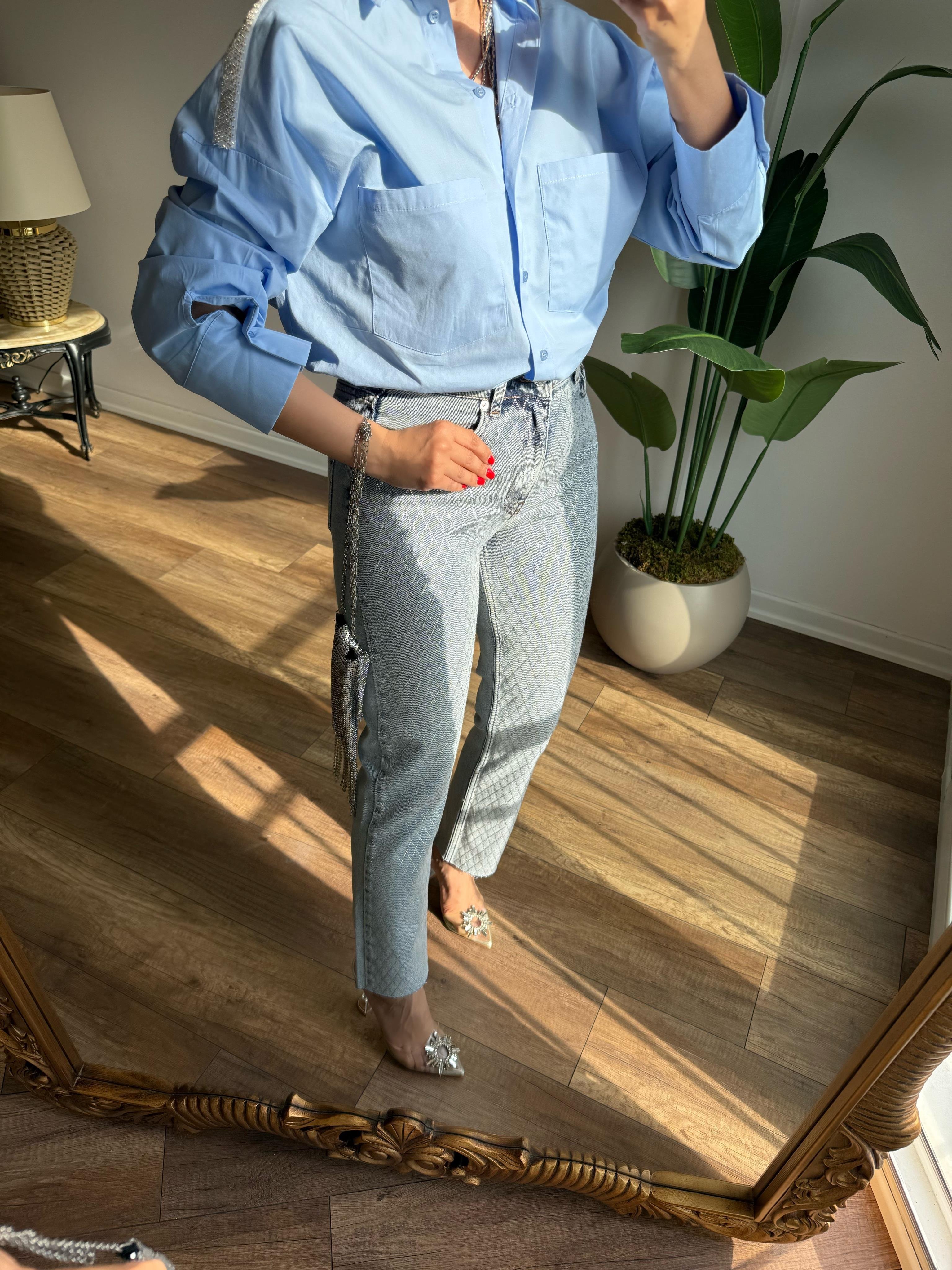 9581 Çapraz Taş Detaylı Jean
