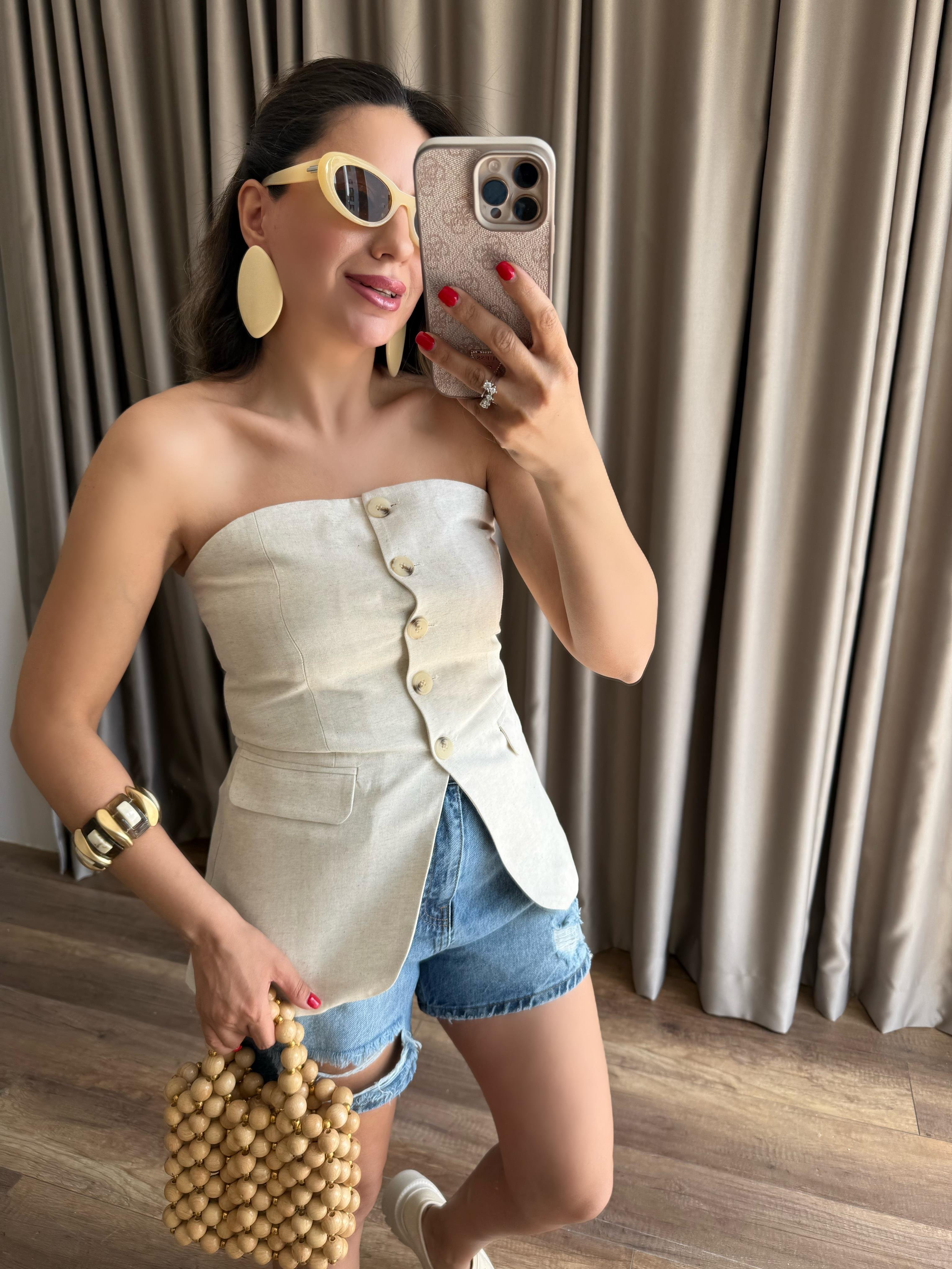 9645 Önden Düğmeli Natural Bluz