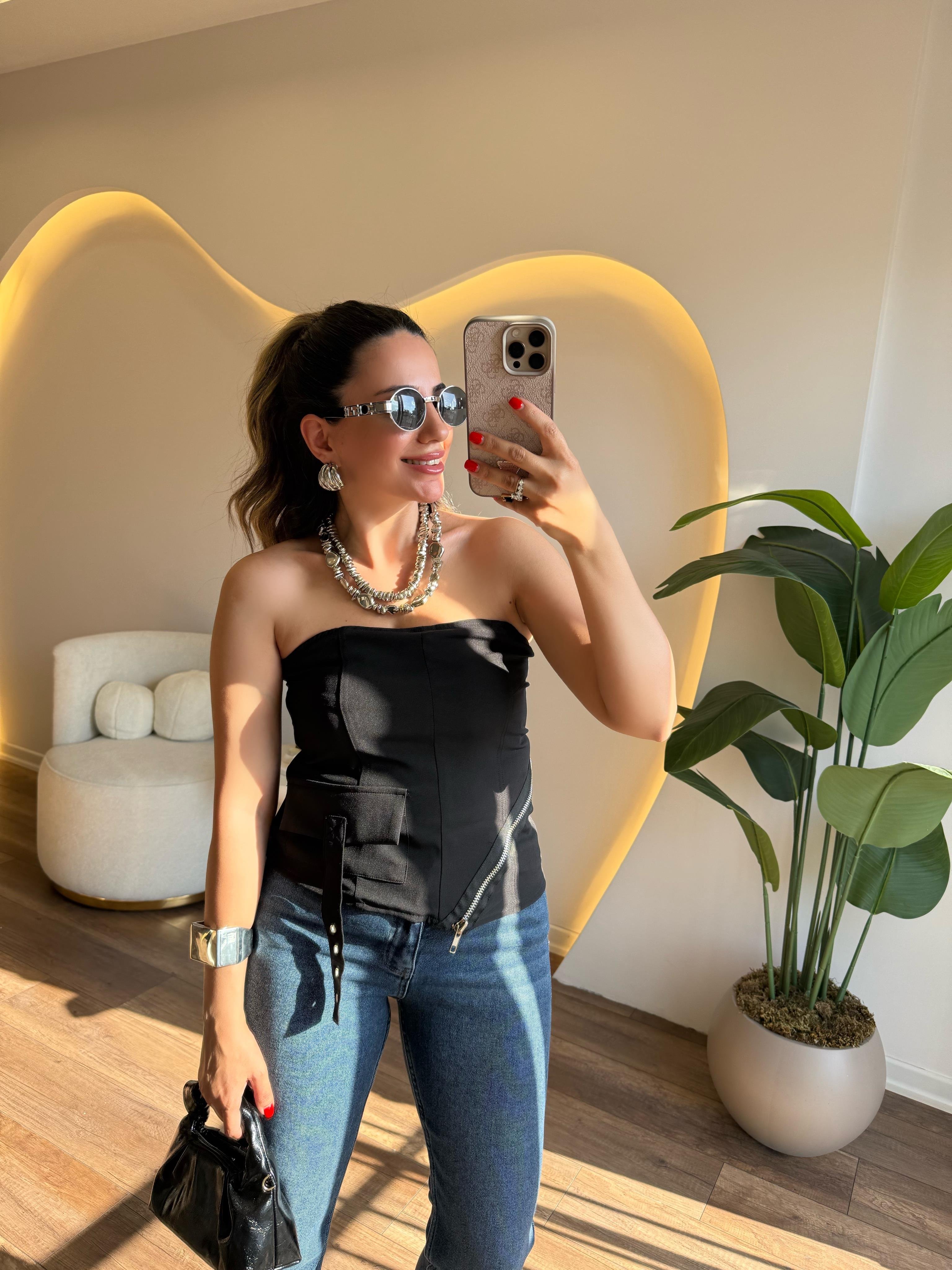9651 Yandan Fermuarlı Straplez Bluz