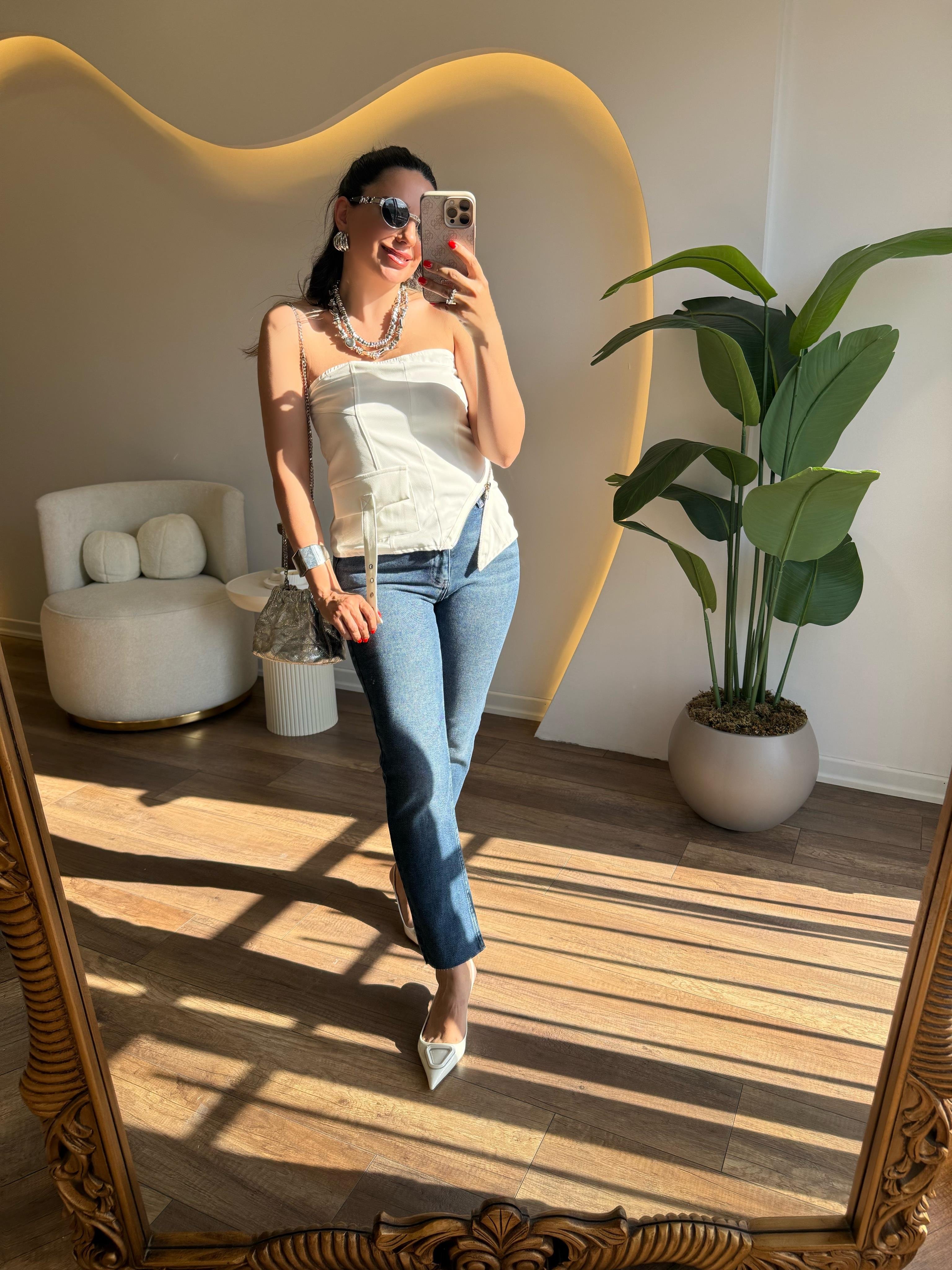 9651 Yandan Fermuarlı Straplez Bluz