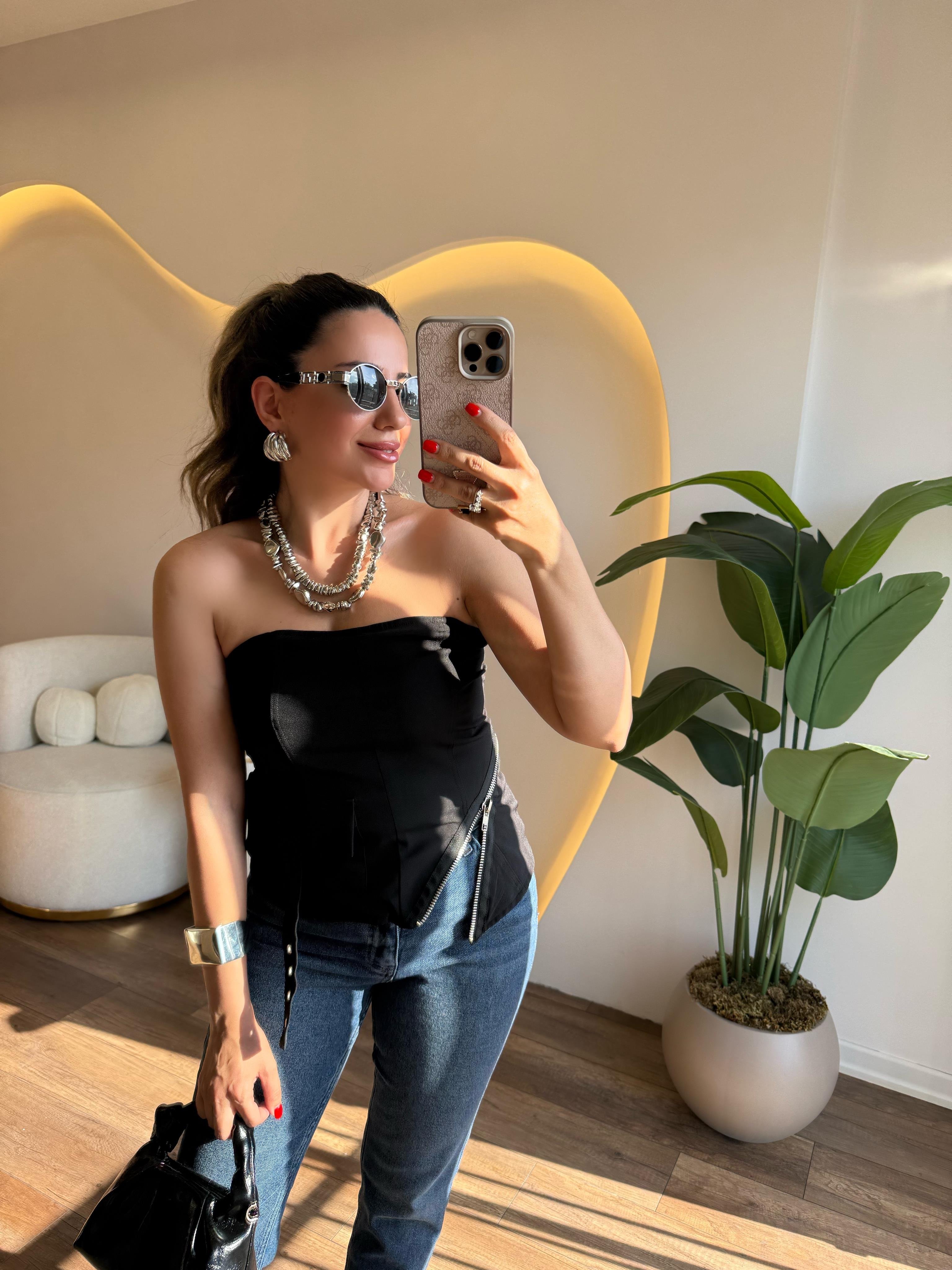 9651 Yandan Fermuarlı Straplez Bluz