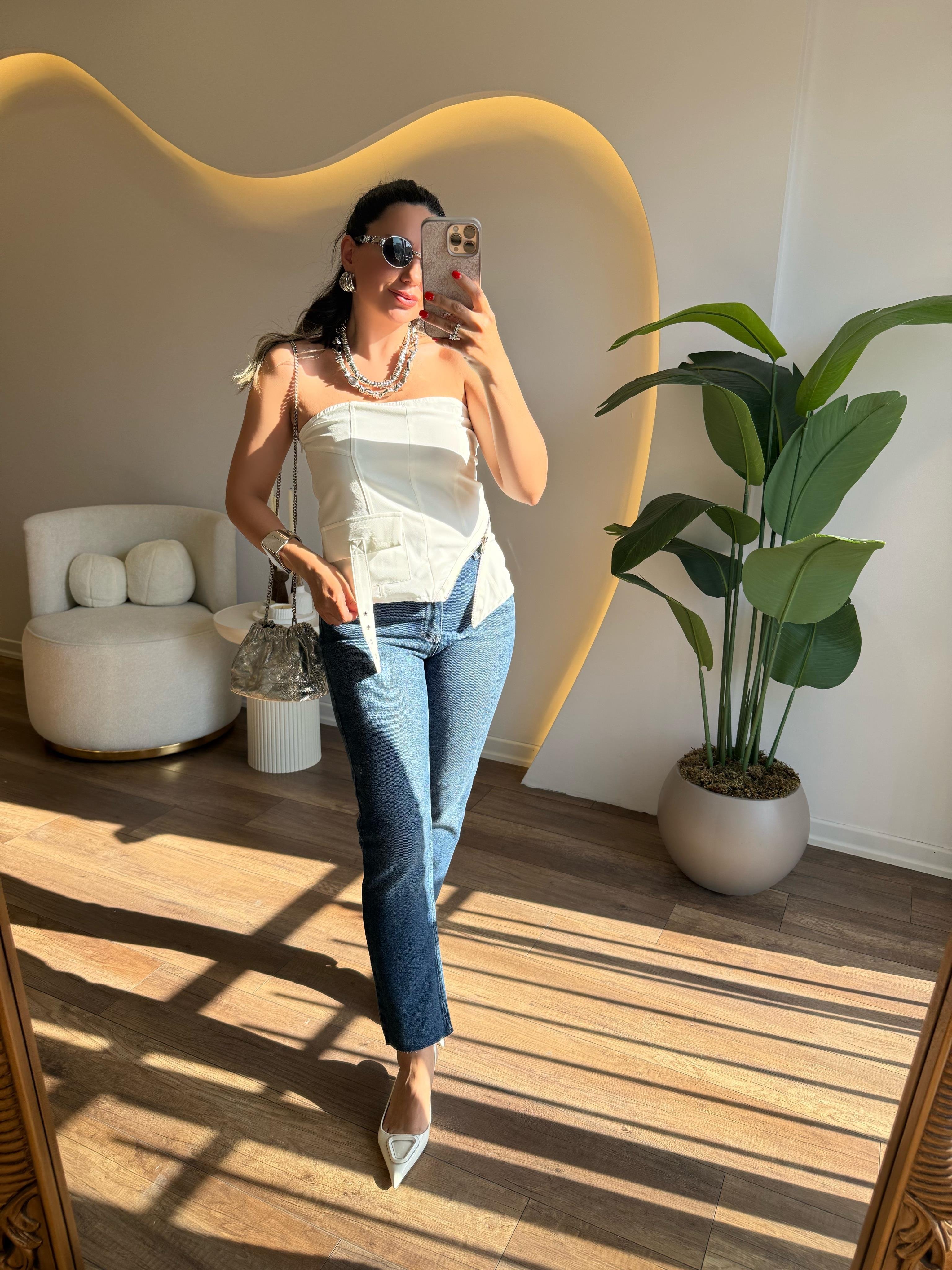 9651 Yandan Fermuarlı Straplez Bluz