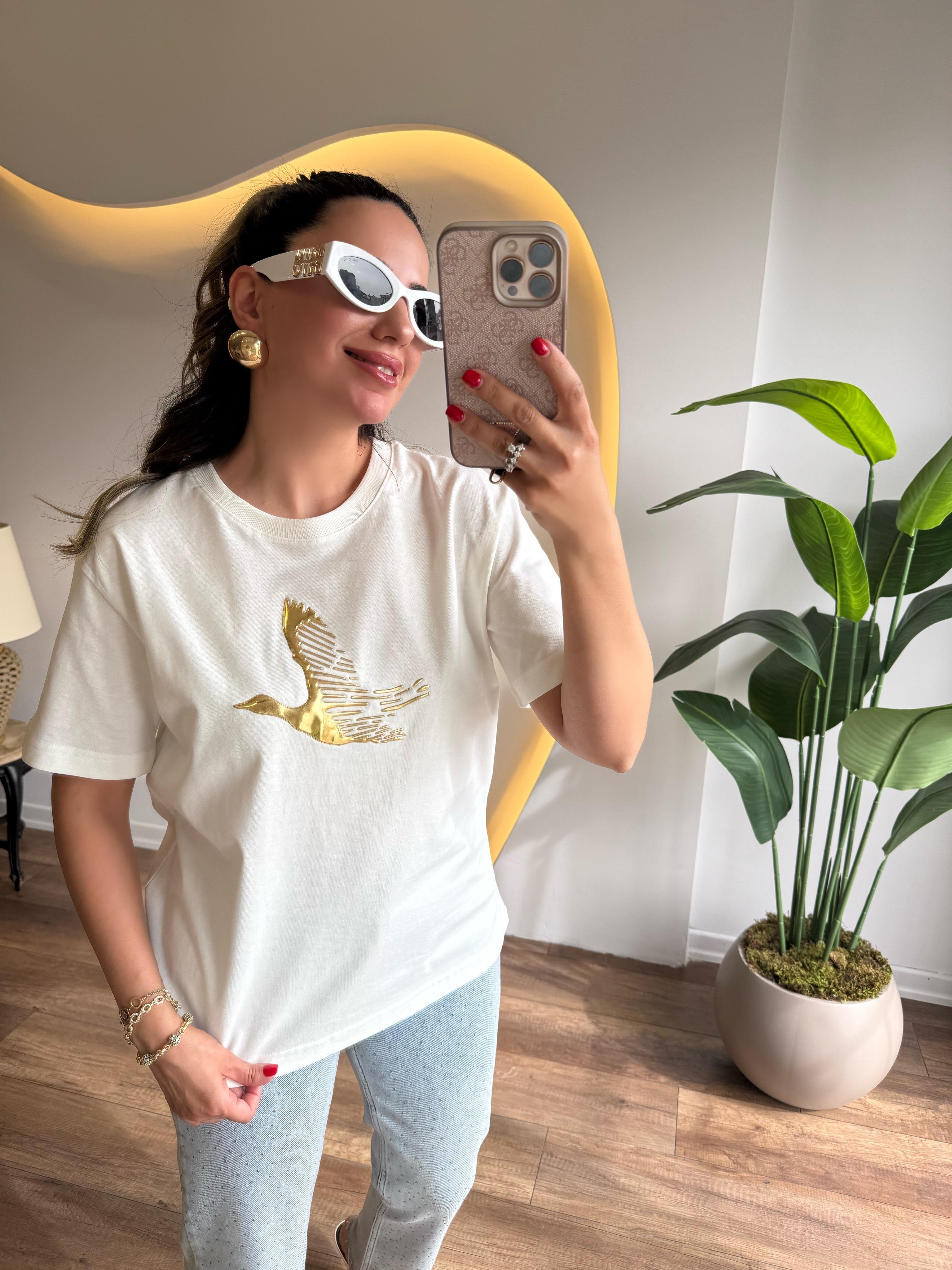 9659 Gold Kabartmalı Tshirt