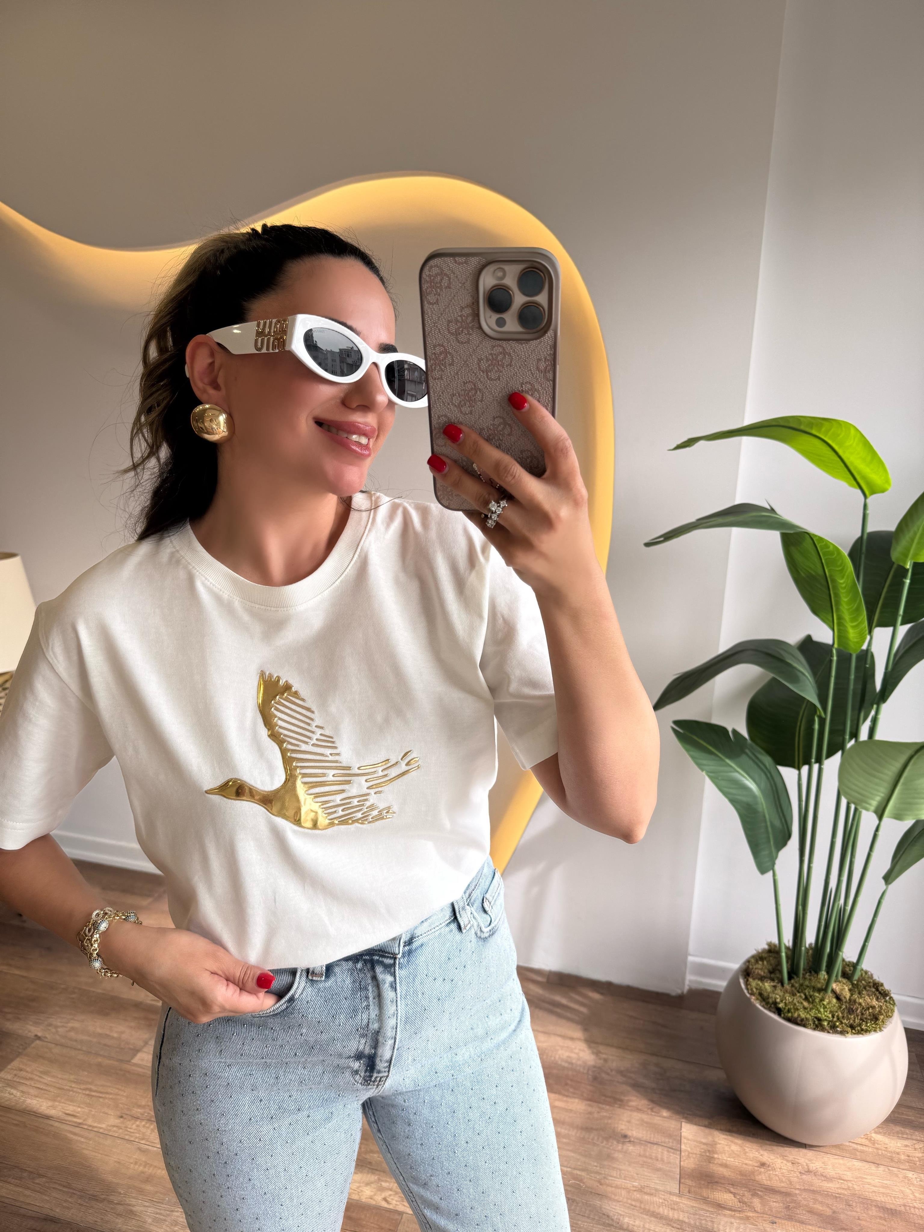 9659 Gold Kabartmalı Tshirt
