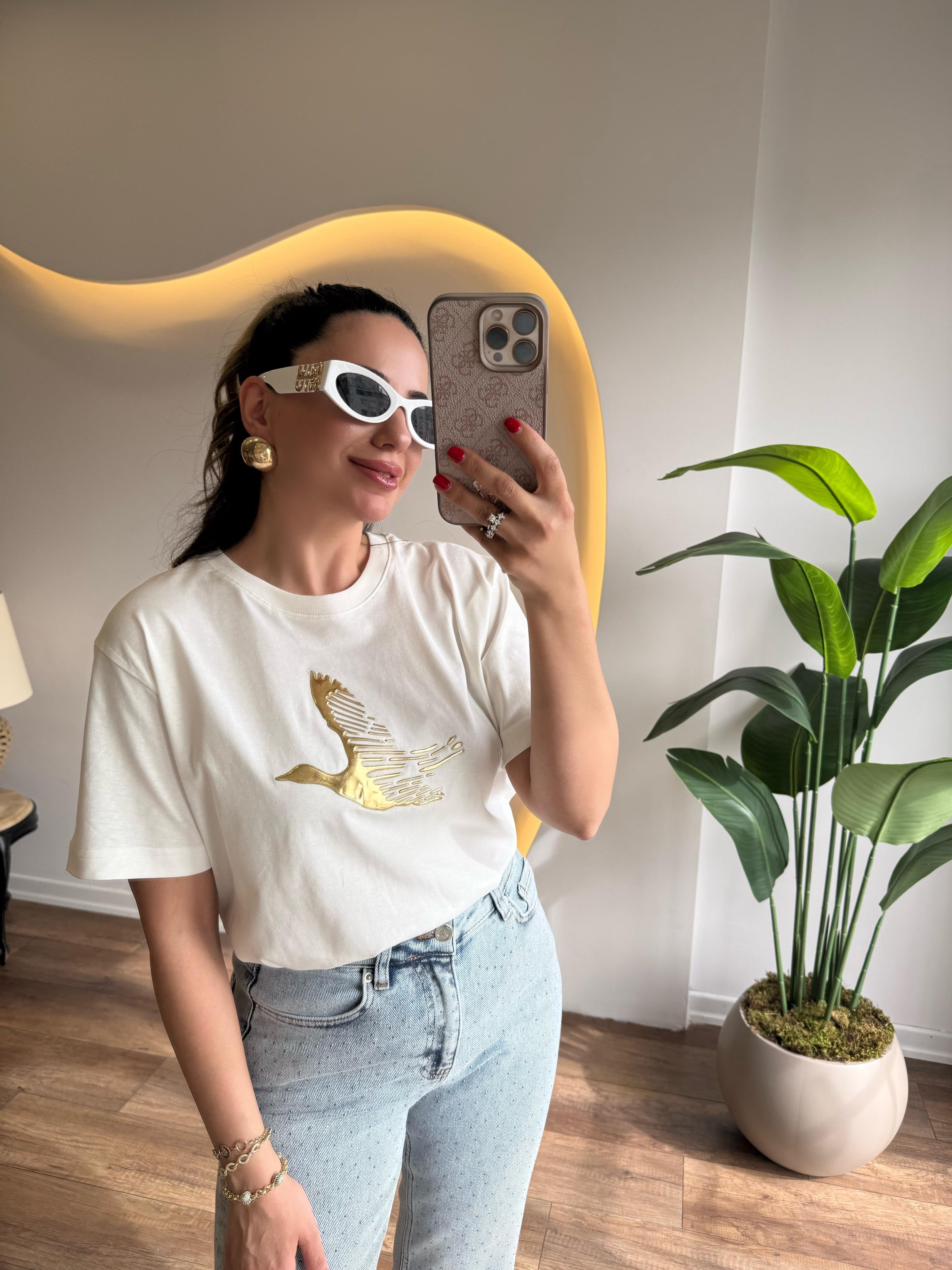 9659 Gold Kabartmalı Tshirt