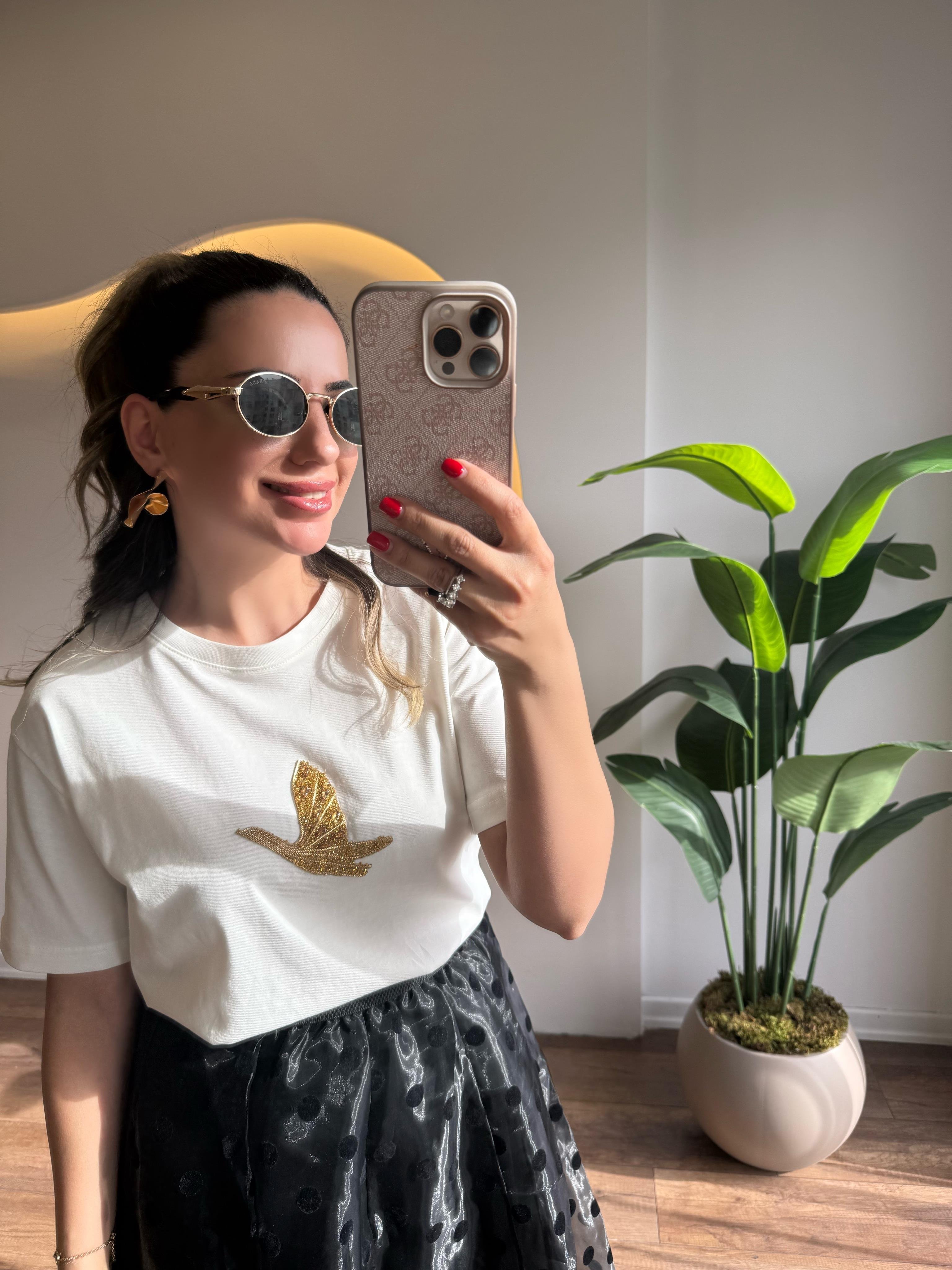 9661 Gold Taşlı Kuşlu Tshirt