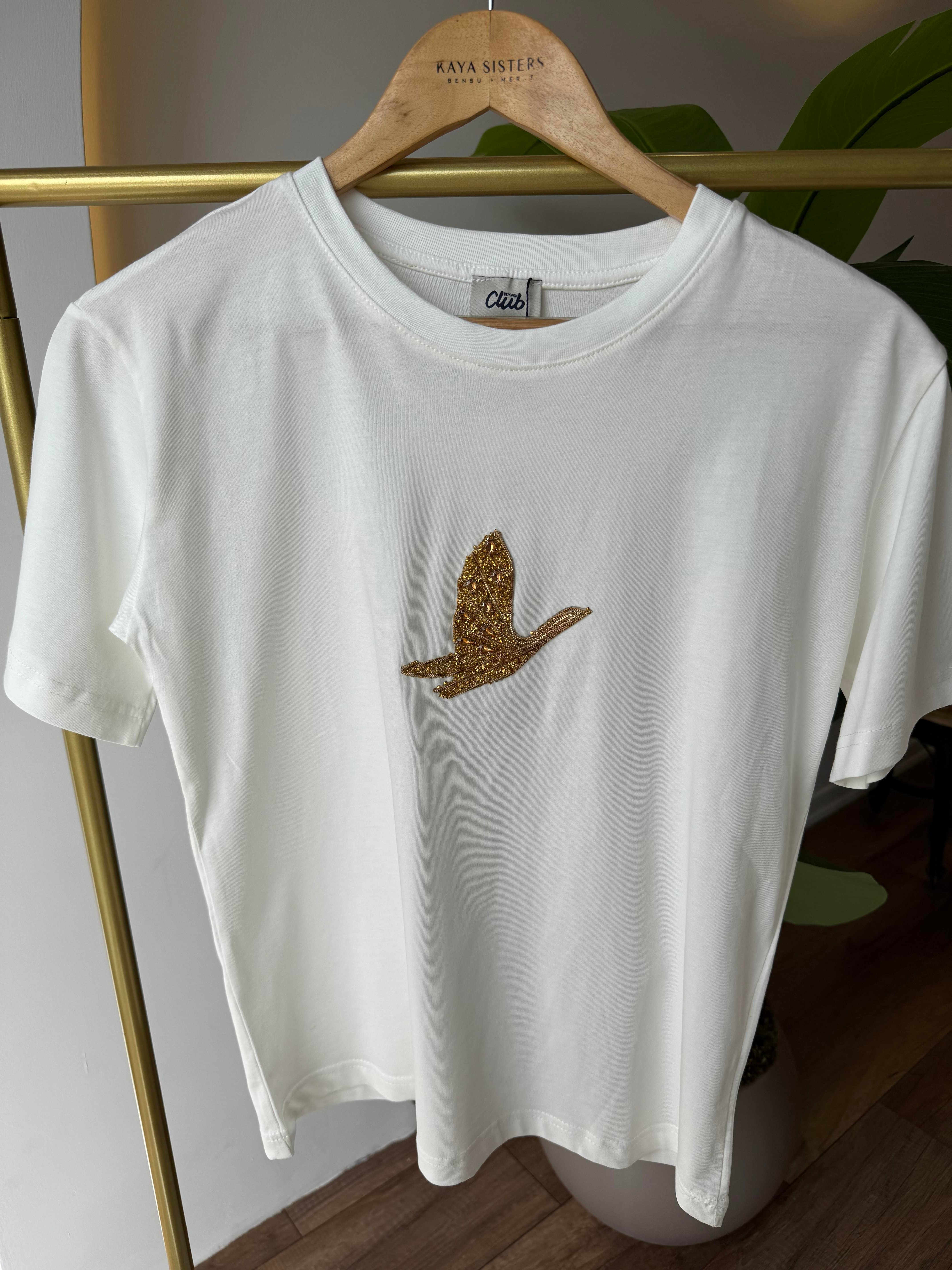 9661 Gold Taşlı Kuşlu Tshirt