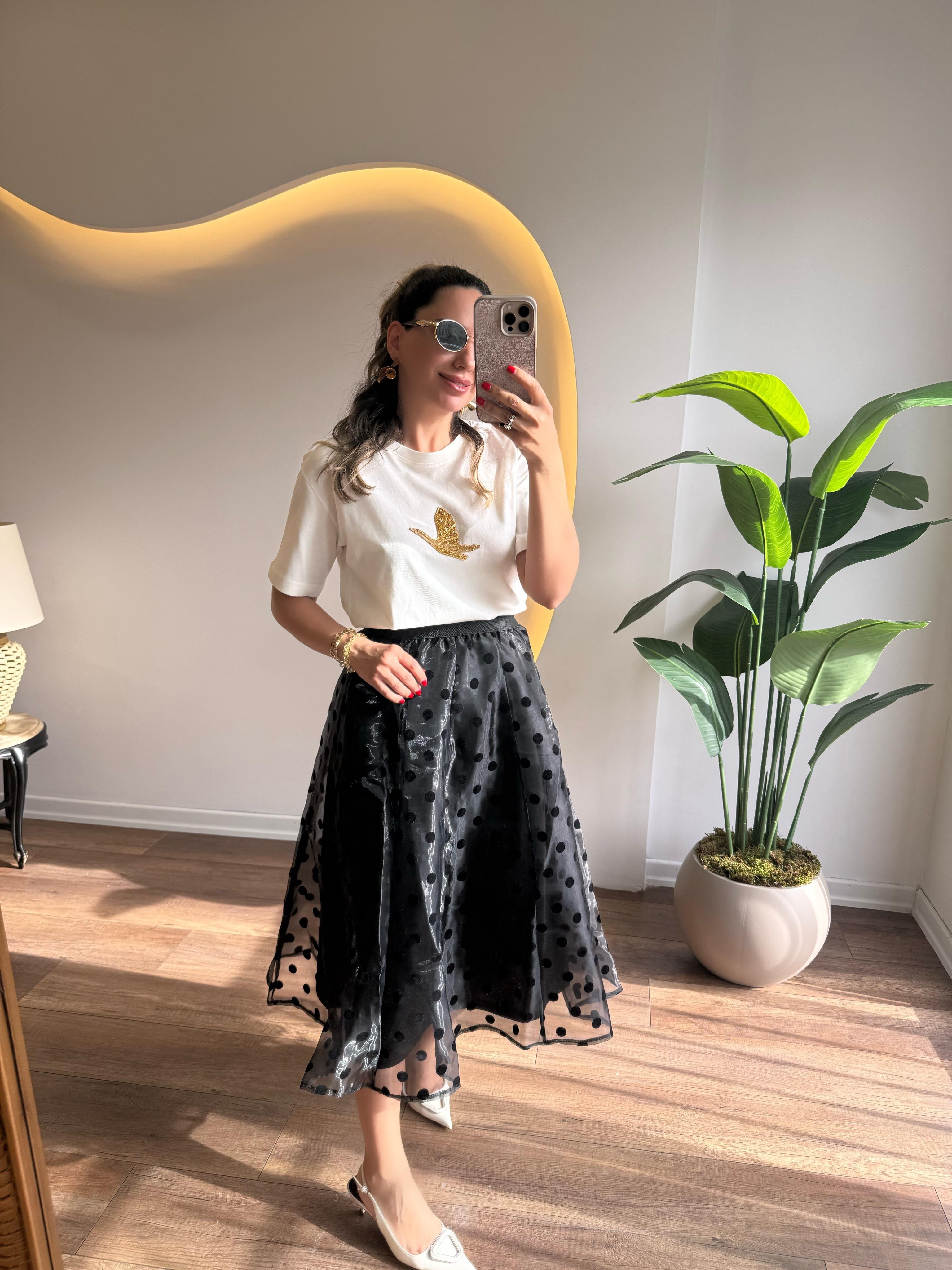 9661 Gold Taşlı Kuşlu Tshirt