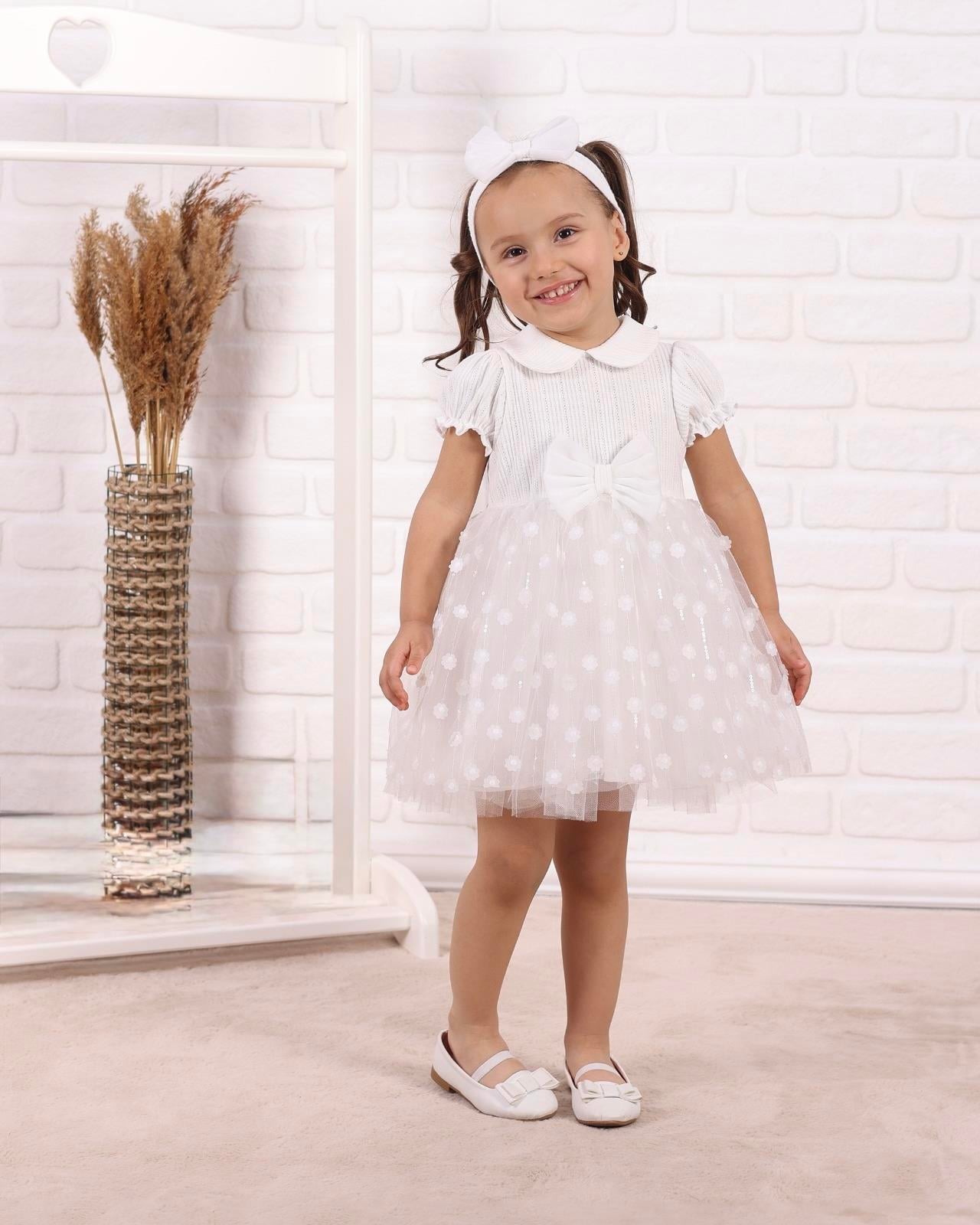 9670 Kids Bebe Yaka Tütülü Fiyonklu Elbise 6-9/18-24 Ay