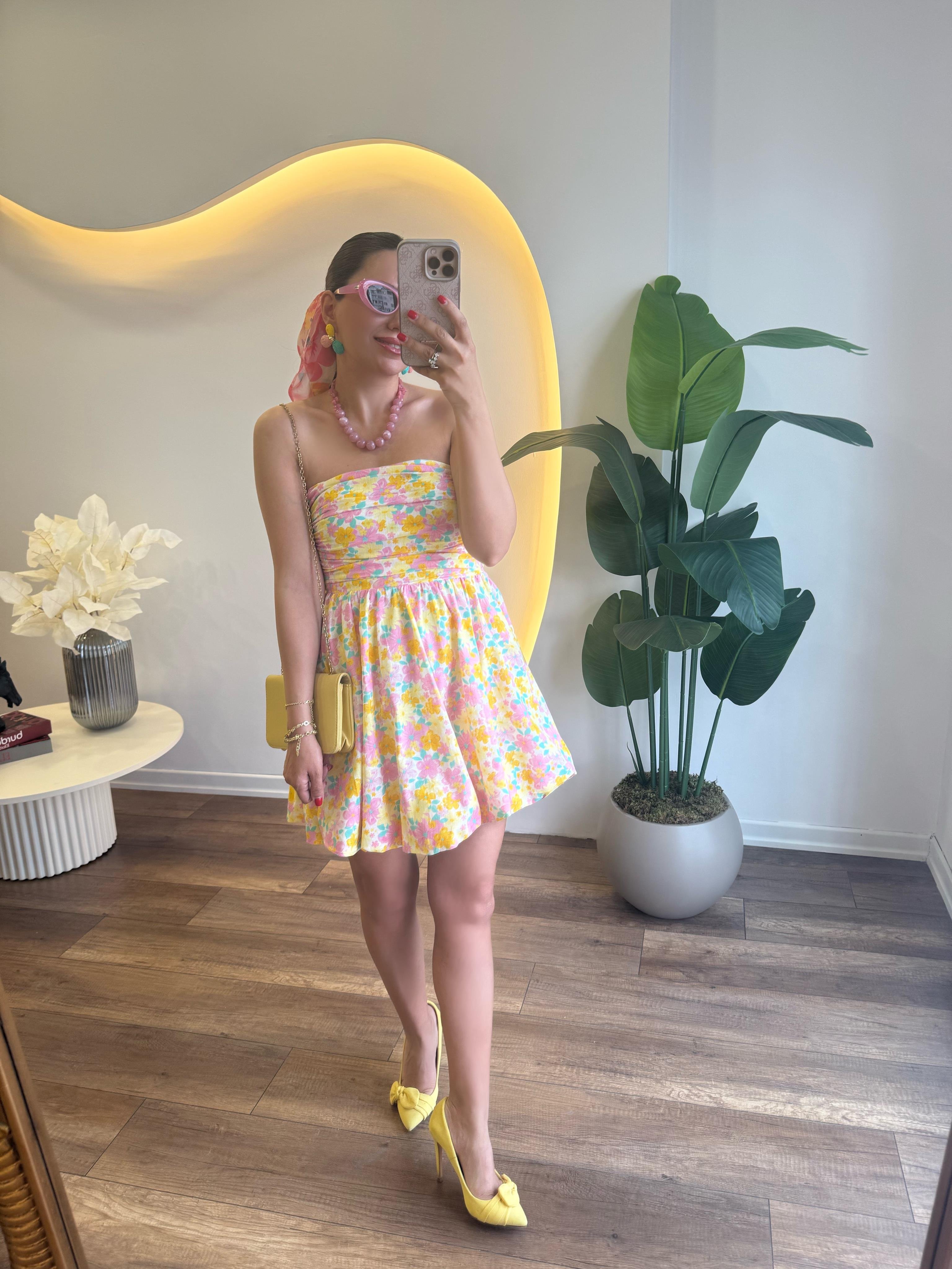 9699 Renkli Çiçekli Mini Elbise