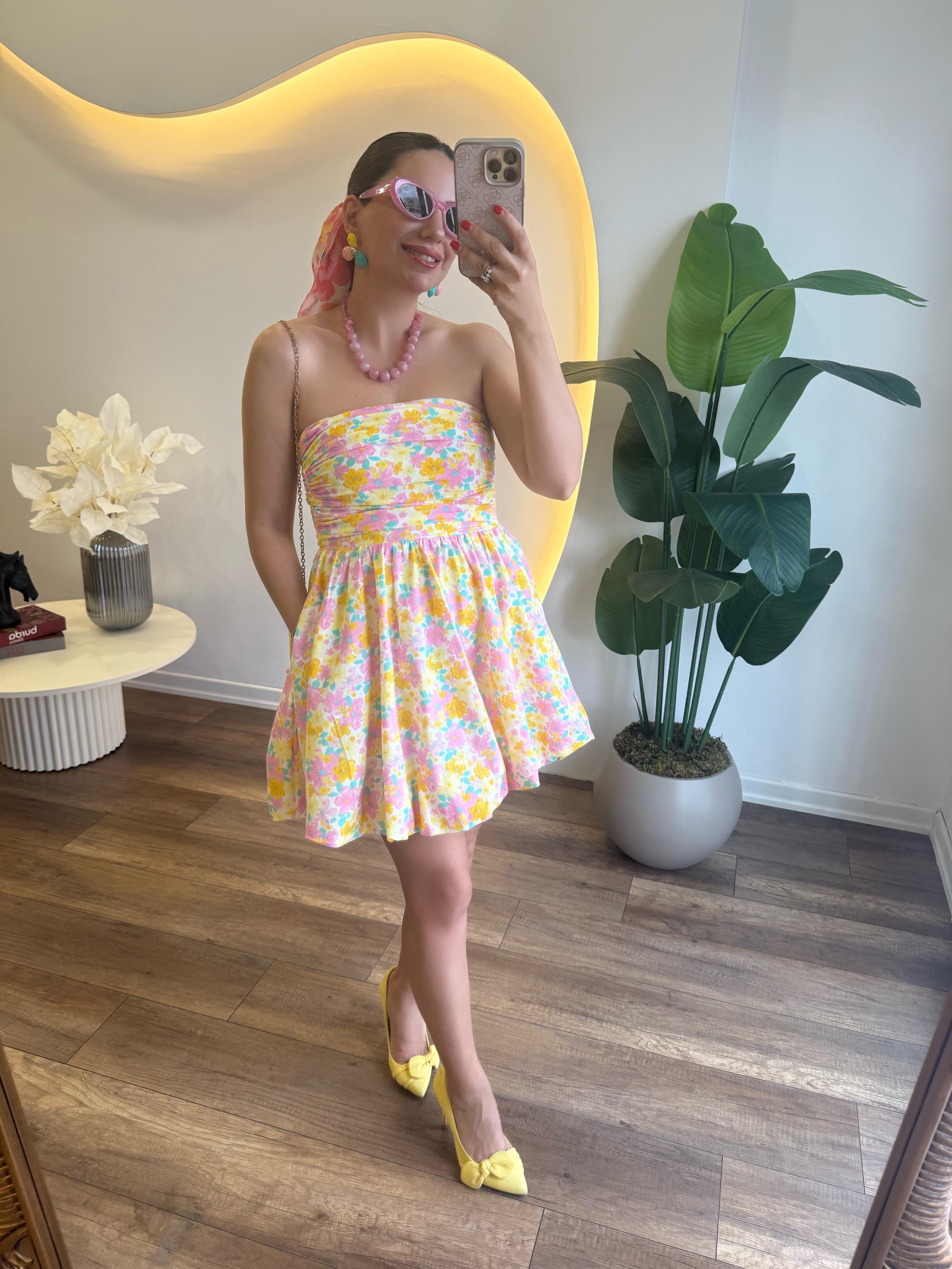 9699 Renkli Çiçekli Mini Elbise