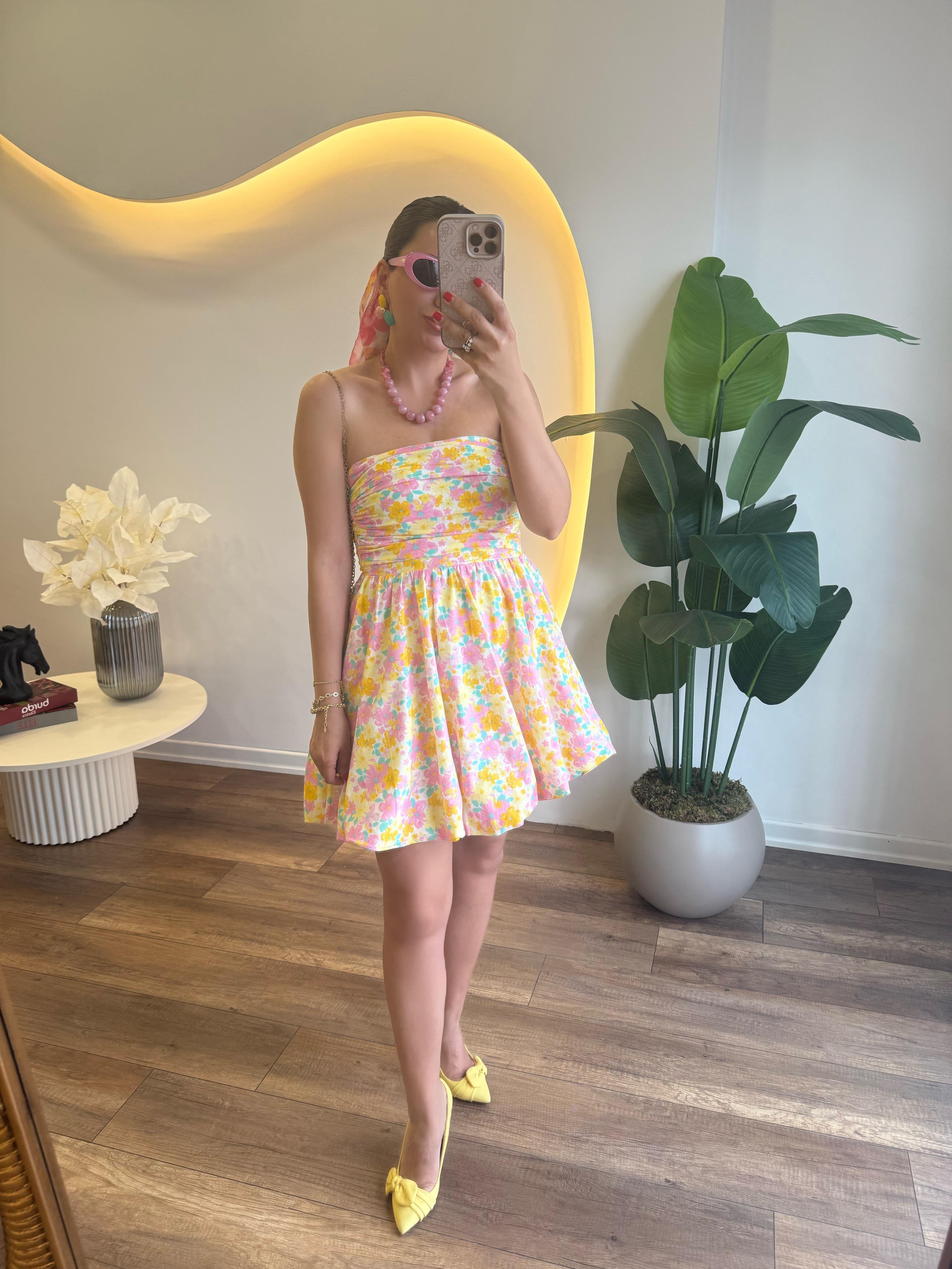 9699 Renkli Çiçekli Mini Elbise