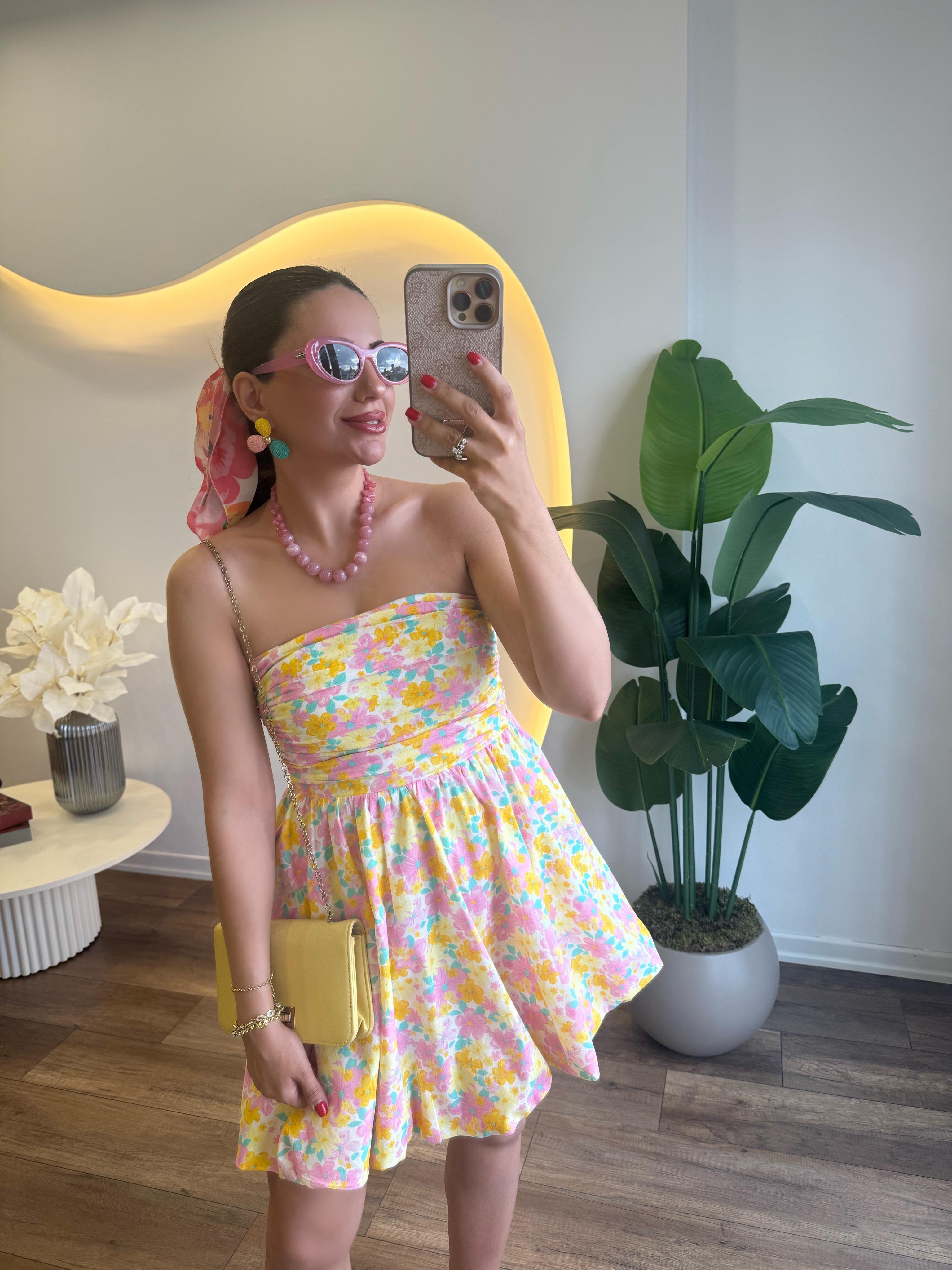 9699 Renkli Çiçekli Mini Elbise