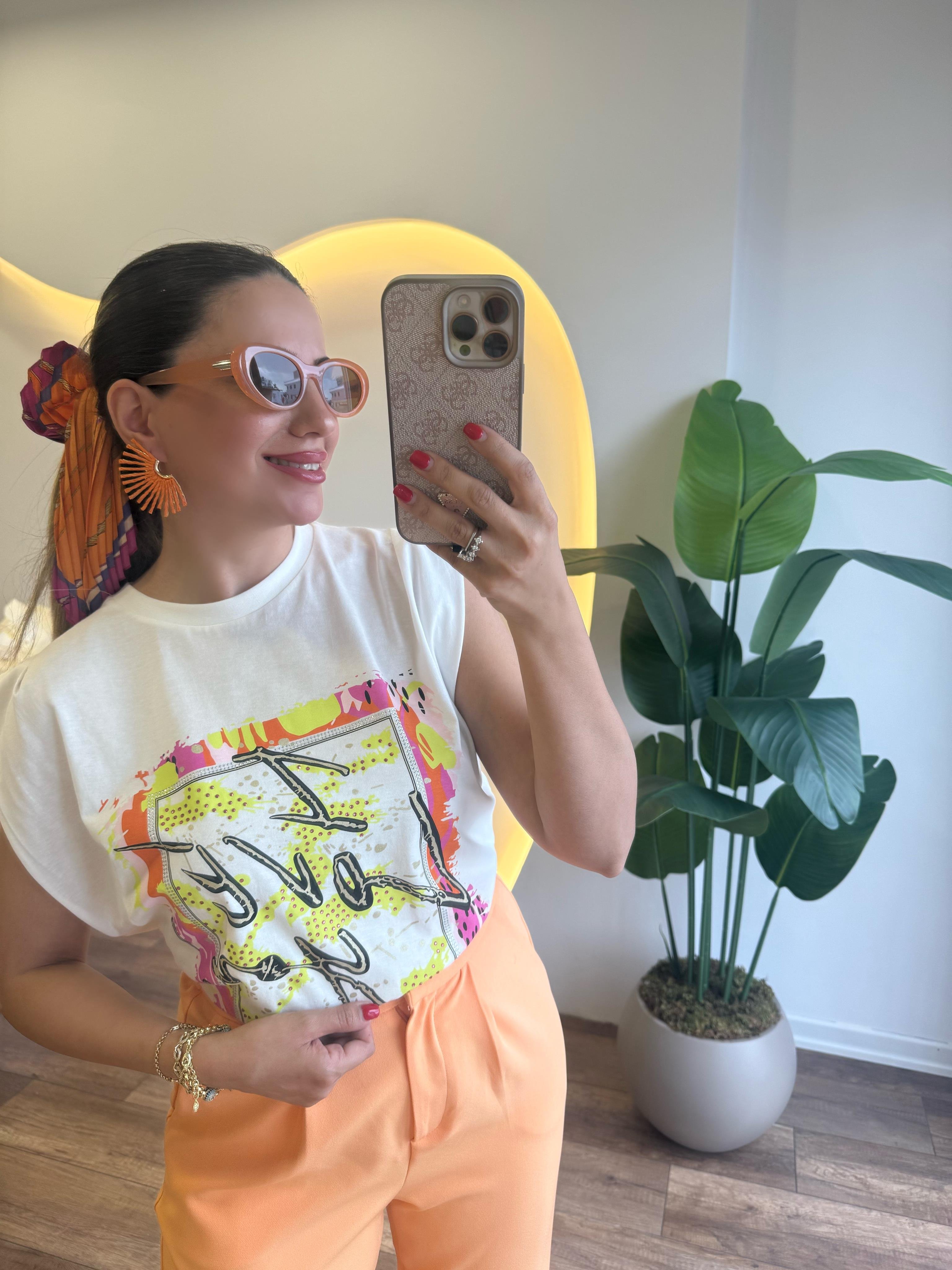 9702 Taşlı Renkli Baskılı Tshirt