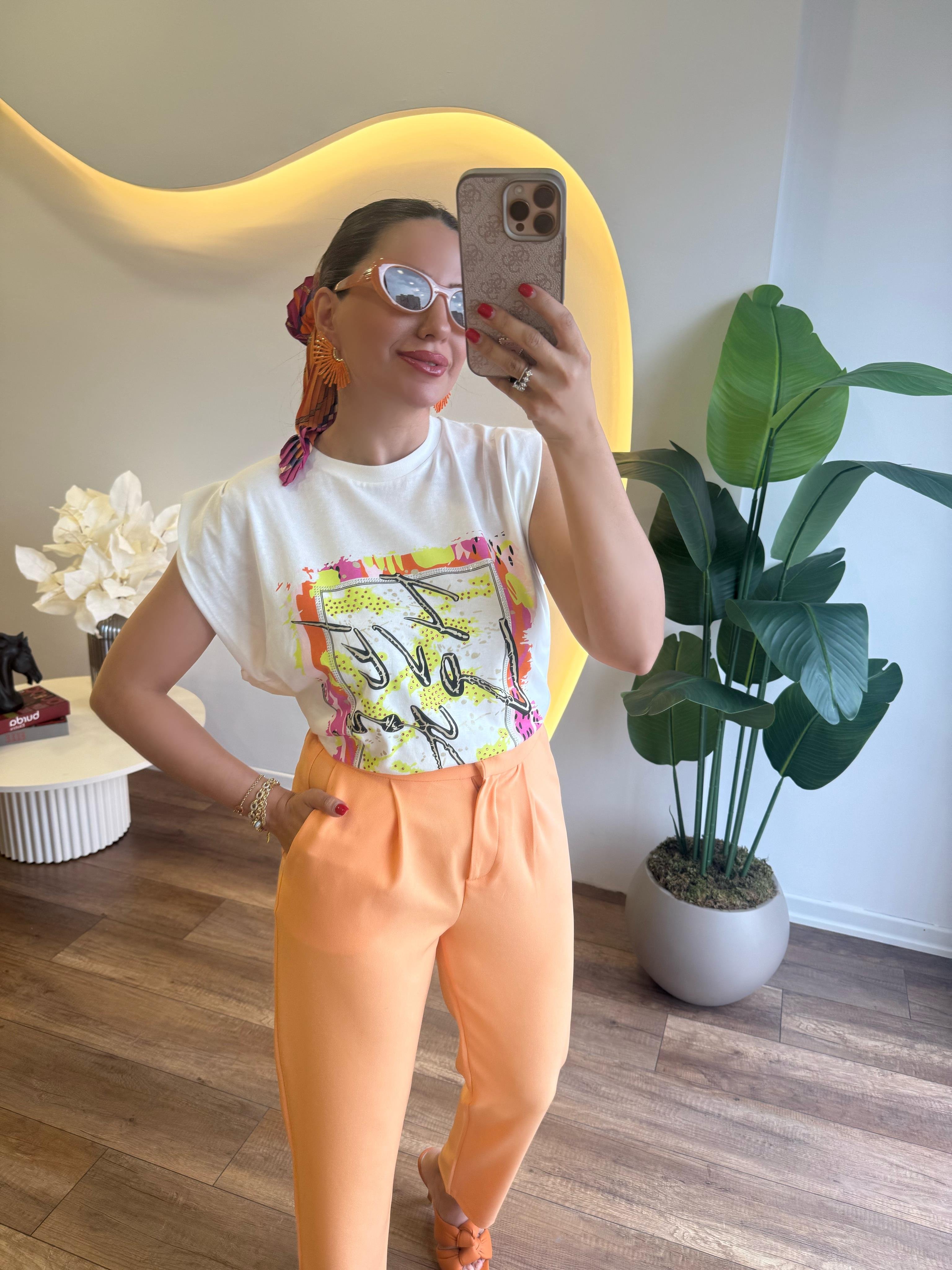 9702 Taşlı Renkli Baskılı Tshirt
