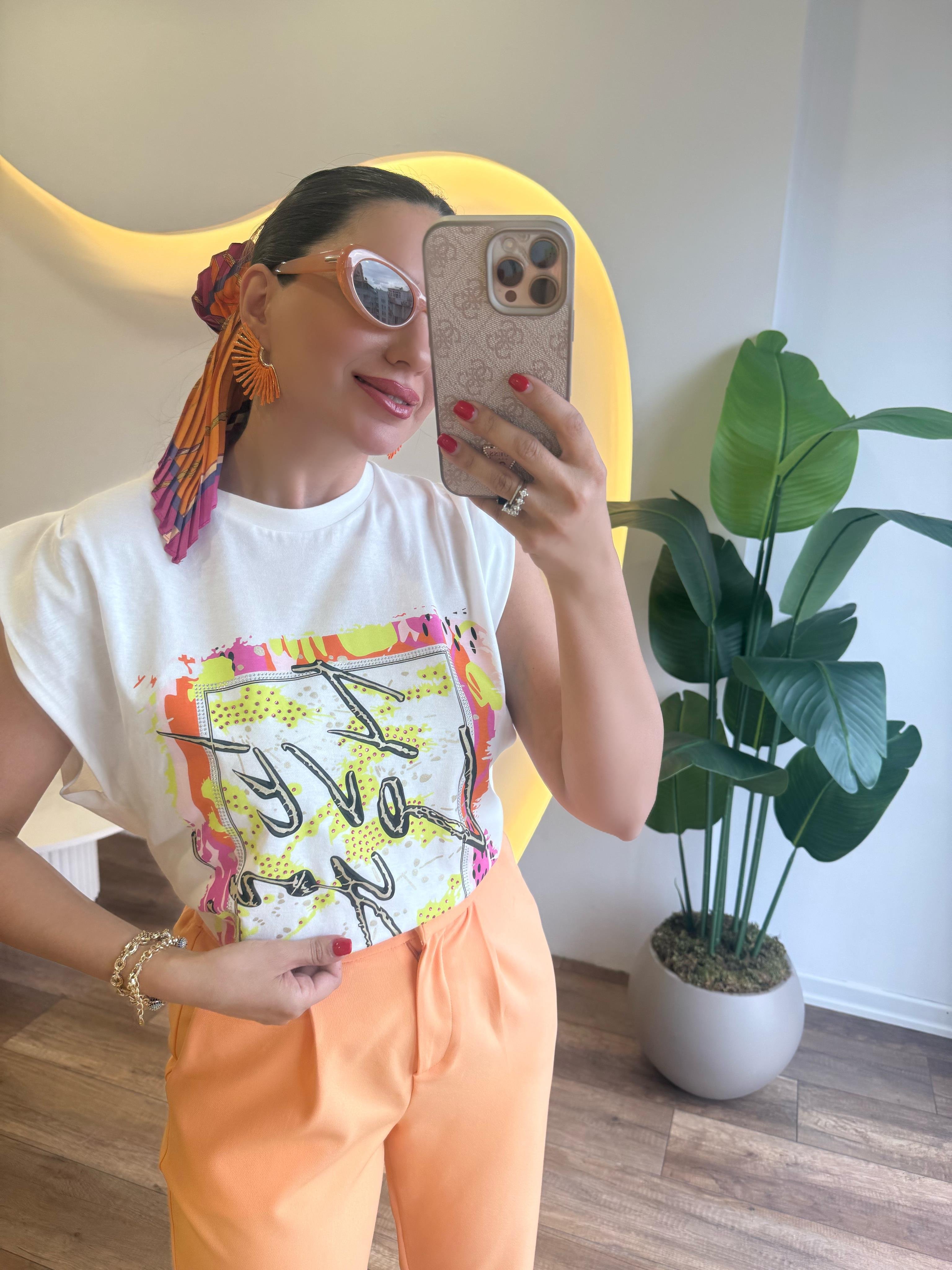 9702 Taşlı Renkli Baskılı Tshirt