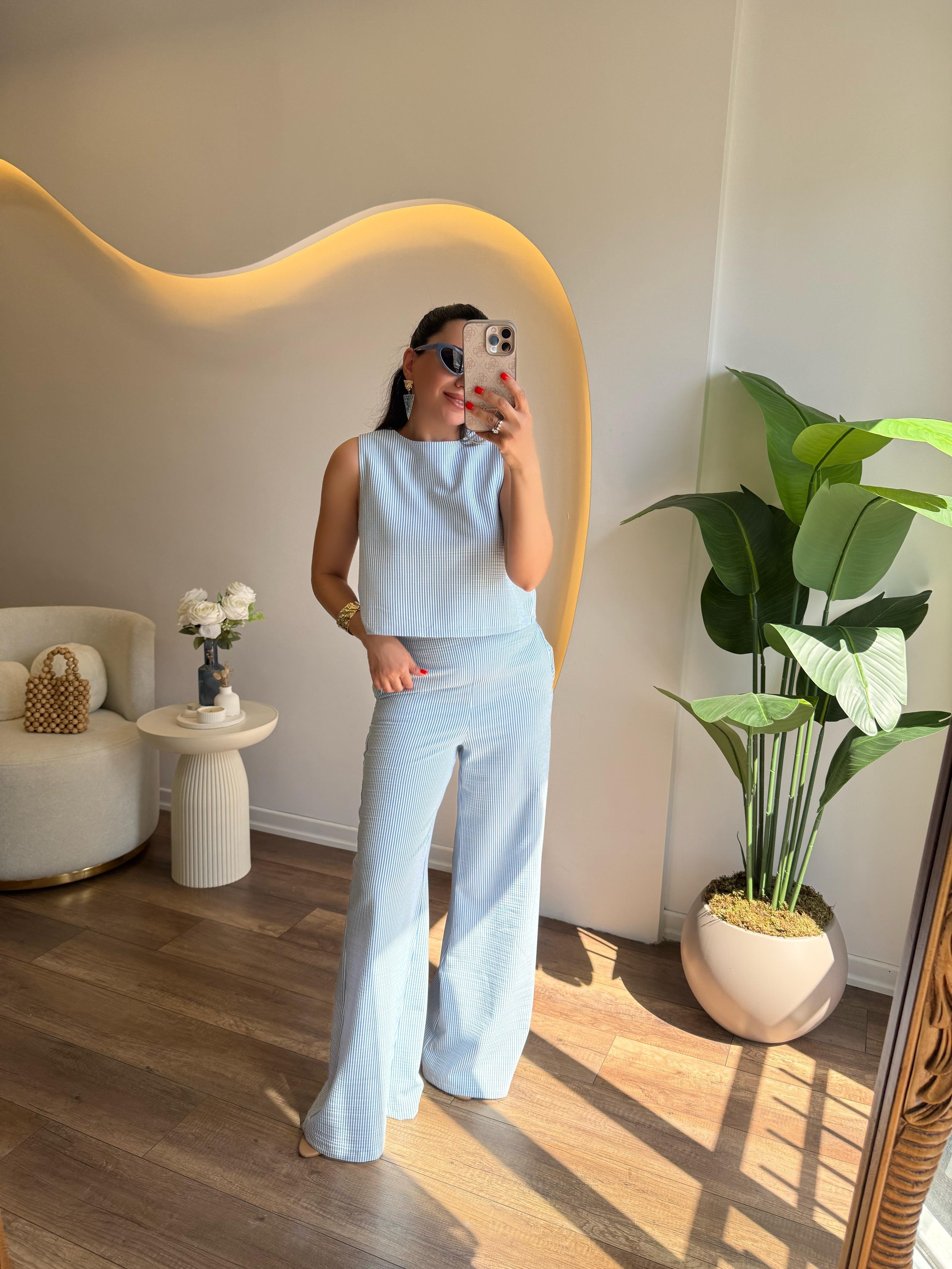 9705 Çizgili Bluz Pantolon Takım