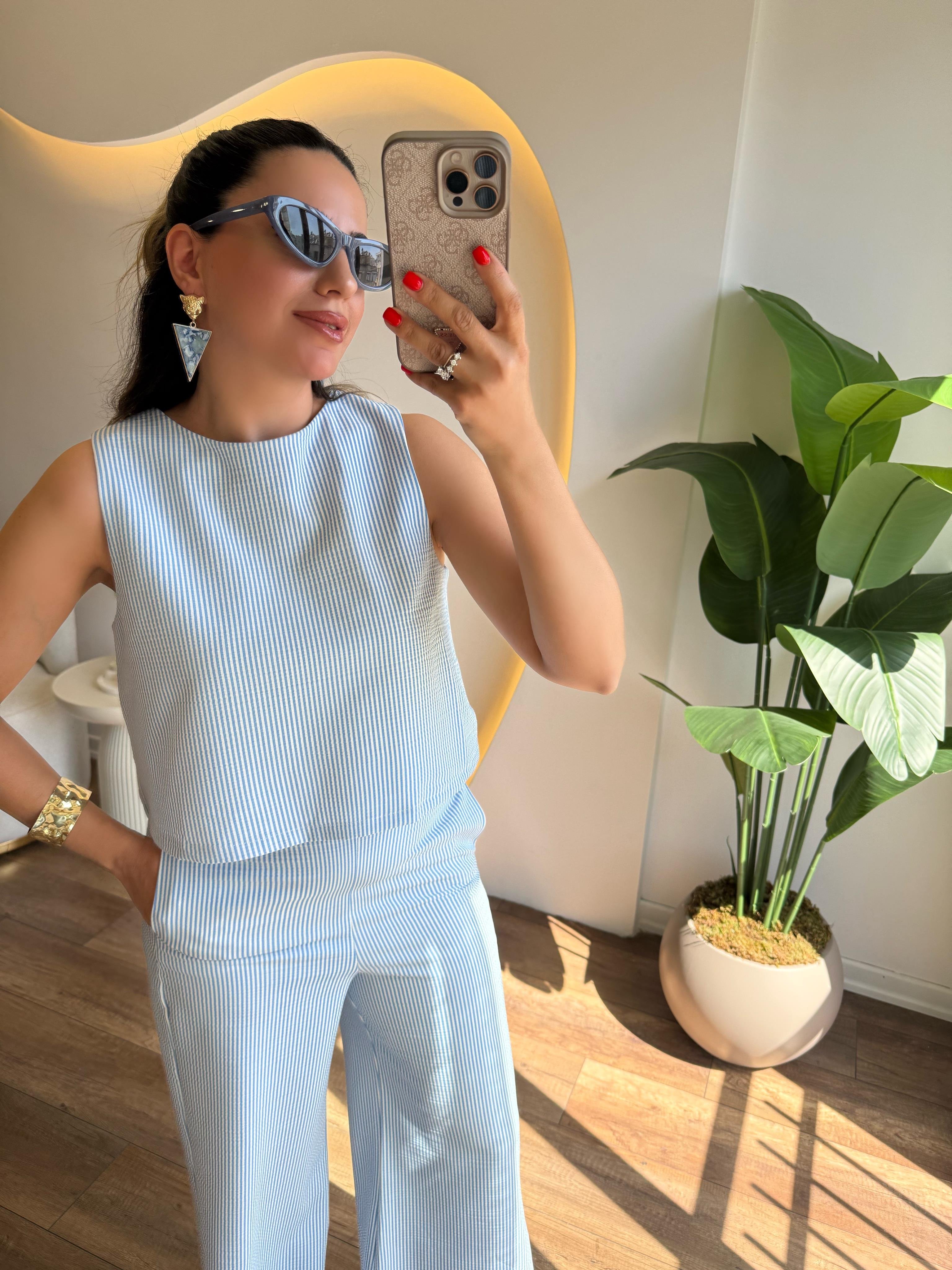 9705 Çizgili Bluz Pantolon Takım