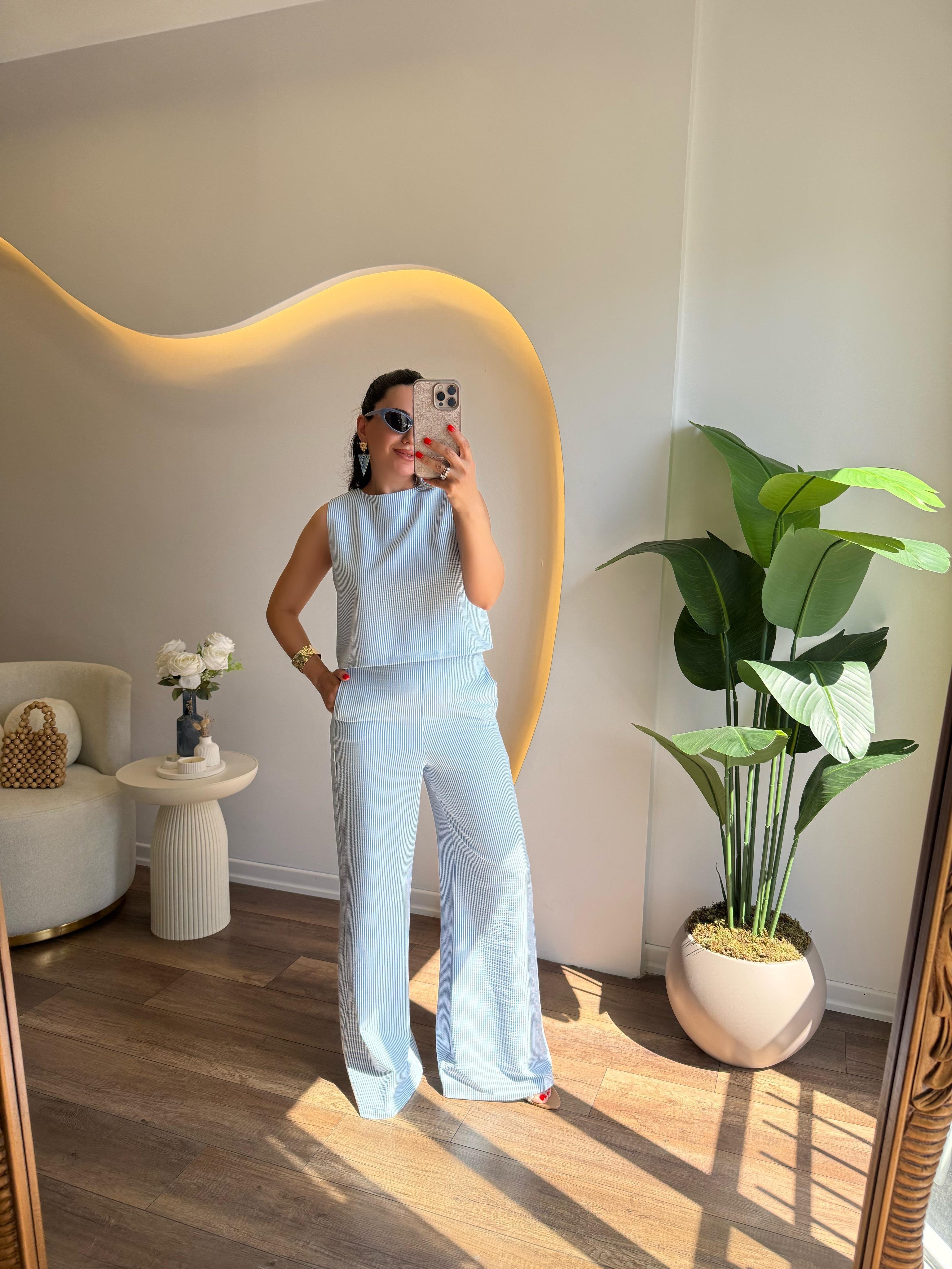 9705 Çizgili Bluz Pantolon Takım