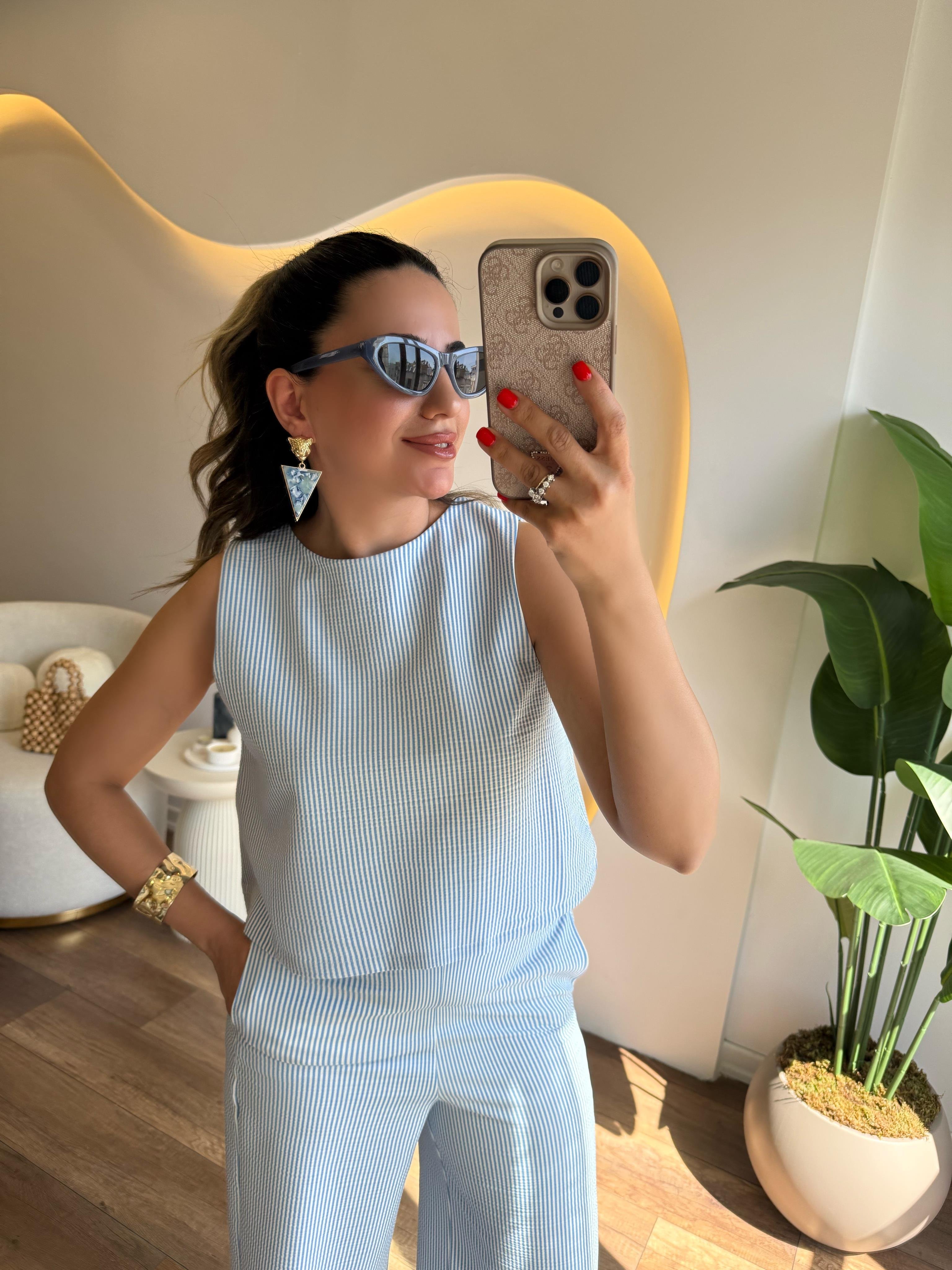9705 Çizgili Bluz Pantolon Takım