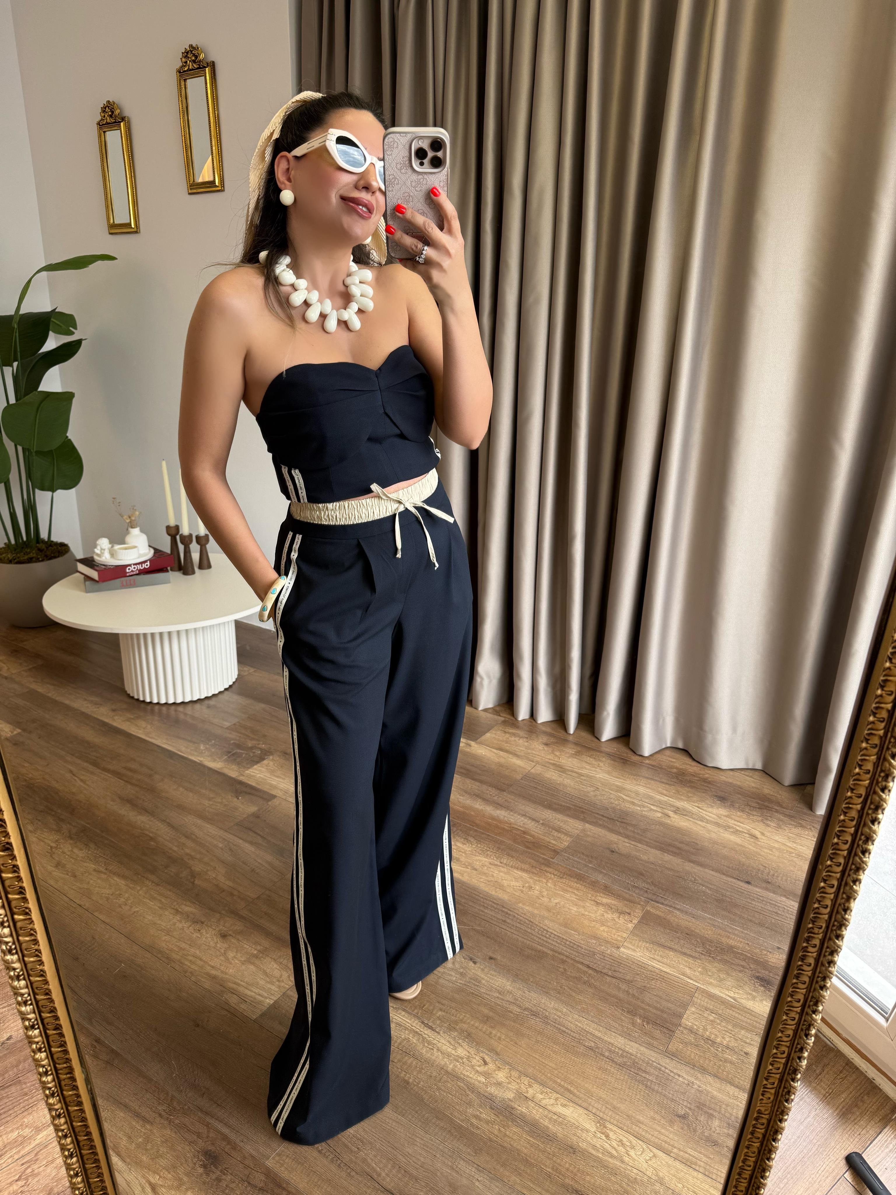 9719 Yandan Çizgili Straplez Bluz Pantolon Takım
